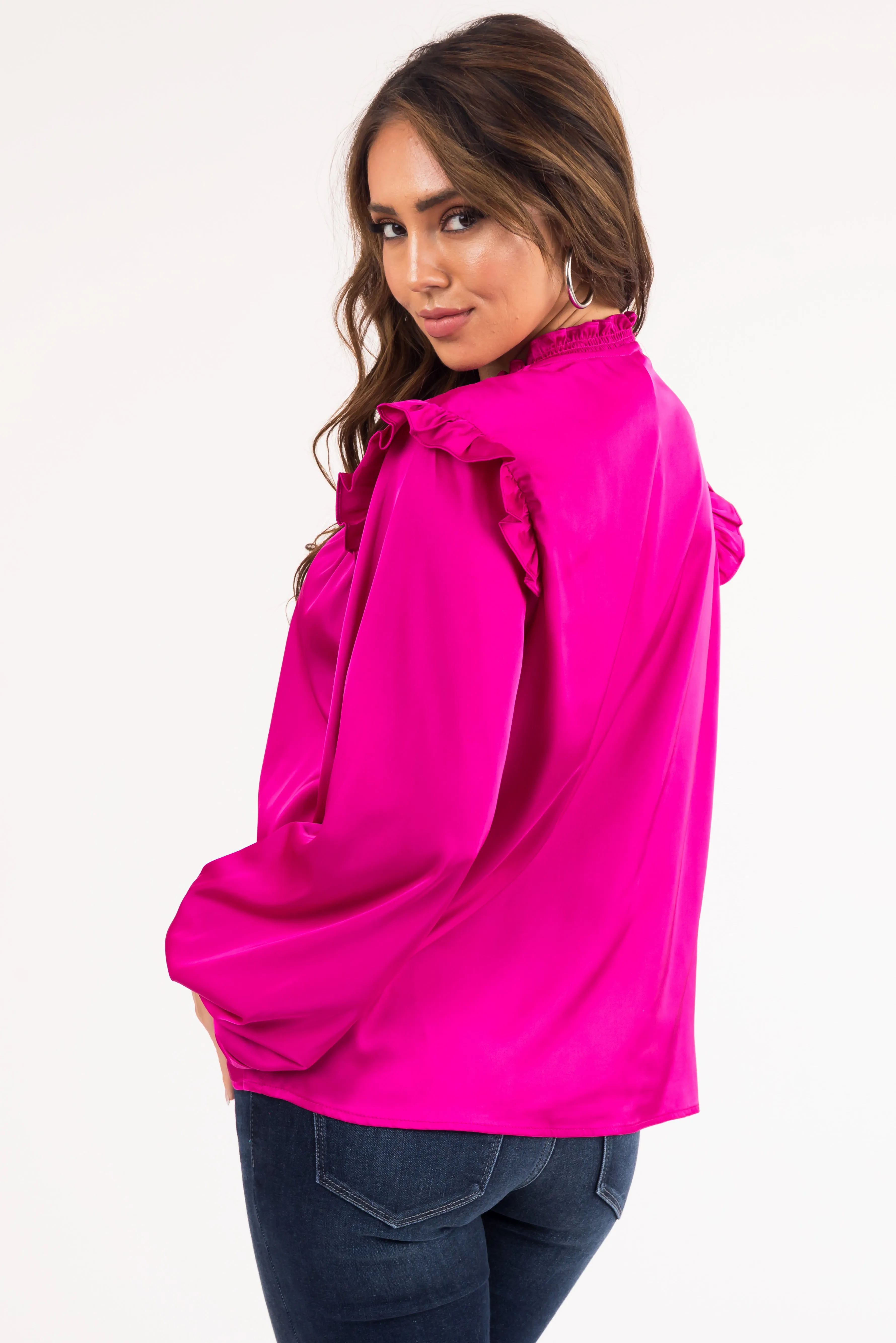 Fuchsia Ruffle Satin Long Sleeve Blouse sold by Lime Lush product image thumbnail 4