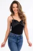 Black Spaghetti Strap Bodysuit with Satin Bow sold by Lime Lush