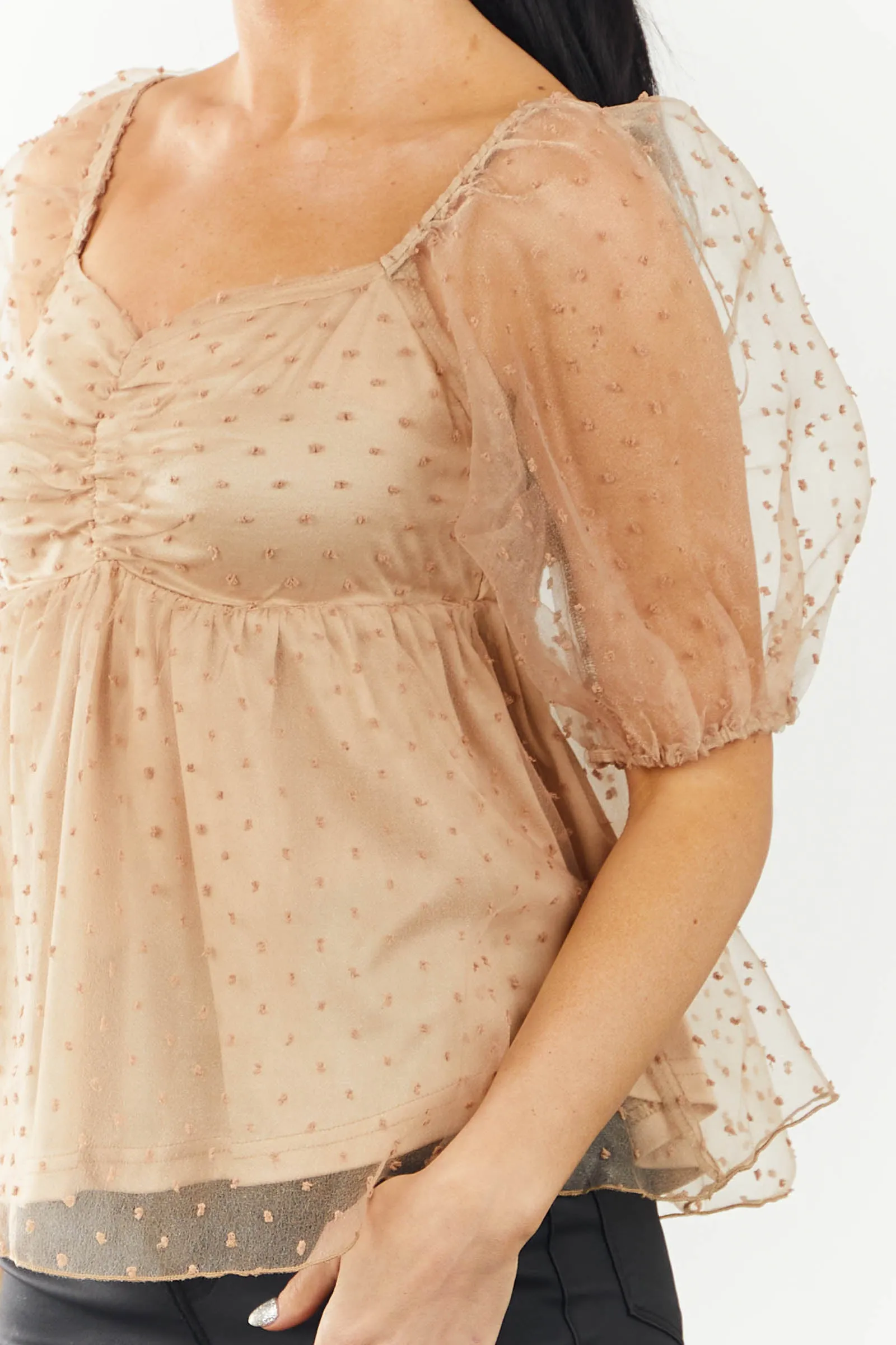 Camel Swiss Dot Puff Sleeve Sweetheart Blouse sold by Lime Lush product image thumbnail 5