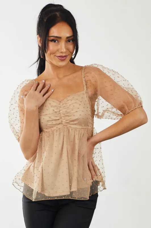 Camel Swiss Dot Puff Sleeve Sweetheart Blouse sold by Lime Lush