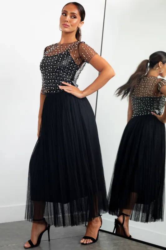 Black Pleated Mesh Midi Skirt sold by Lime Lush