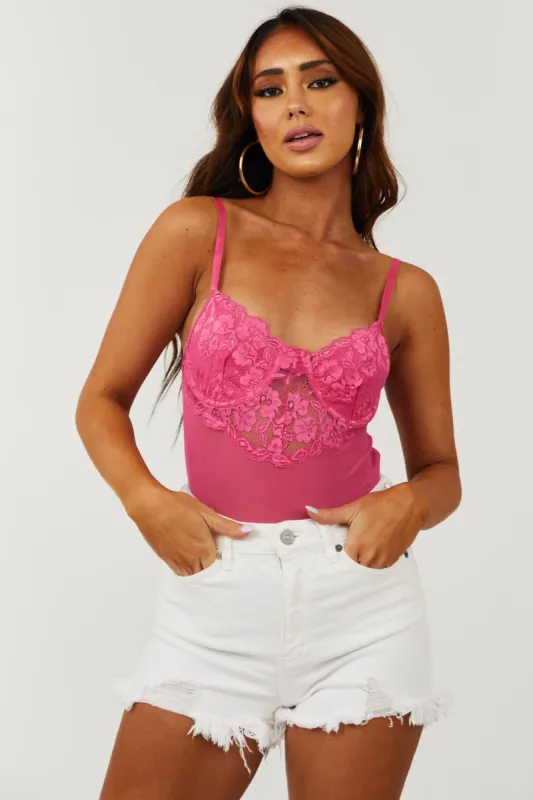 Magenta Sleeveless Eyelash Lace Bodysuit sold by Lime Lush