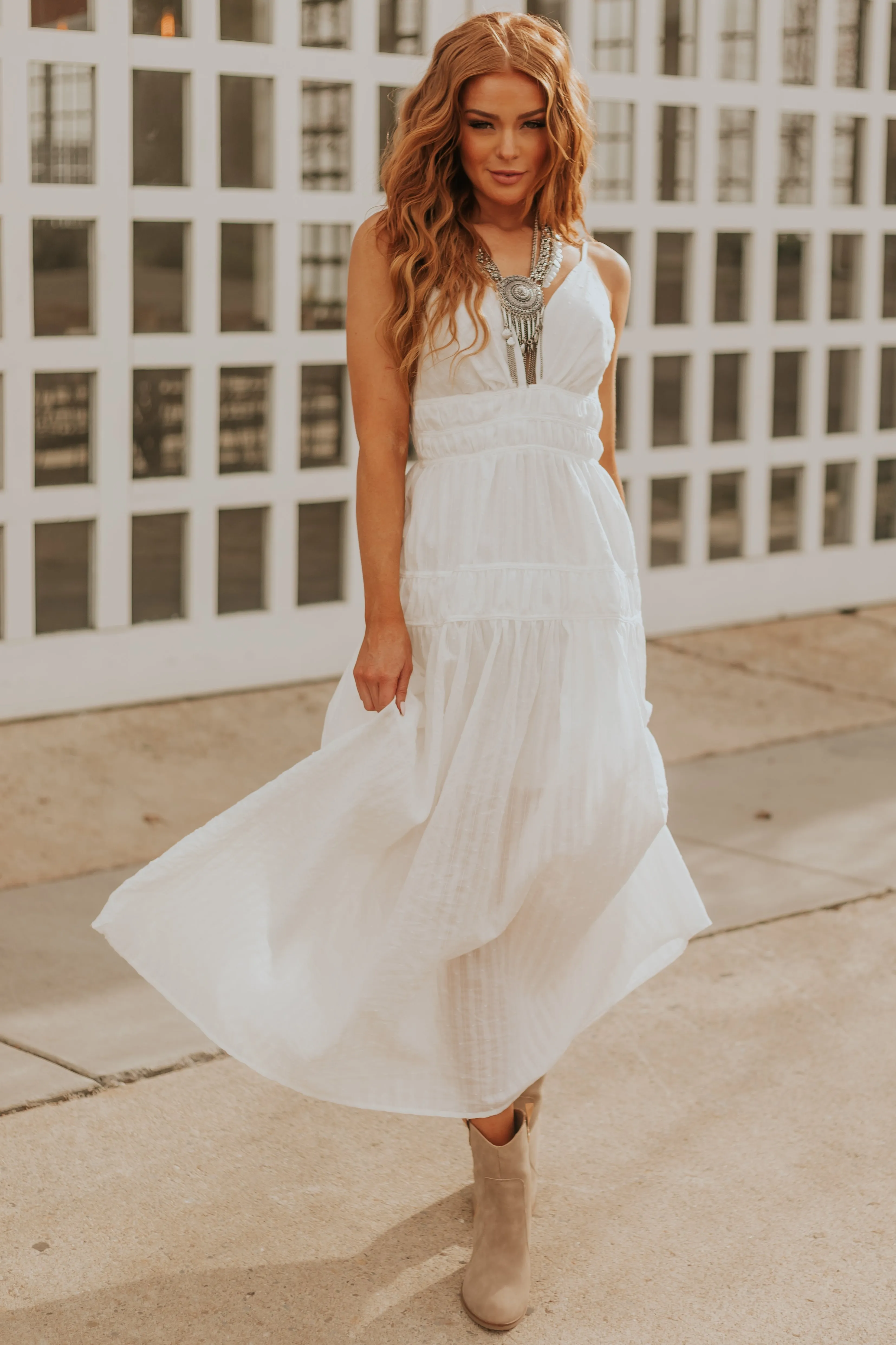 White Swiss Dot Plunge Neck Maxi Dress sold by Lime Lush