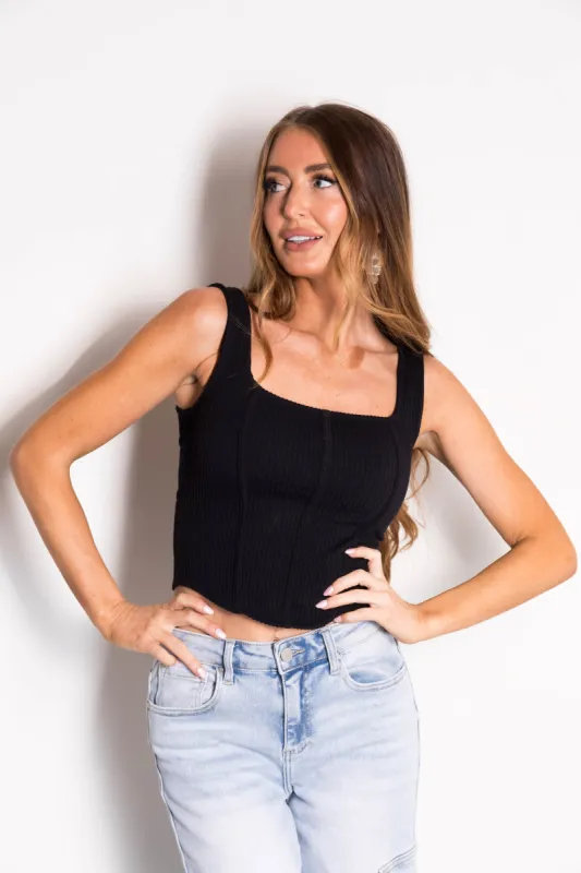 Black Square Neck Ribbed Corset Tank Top sold by Lime Lush