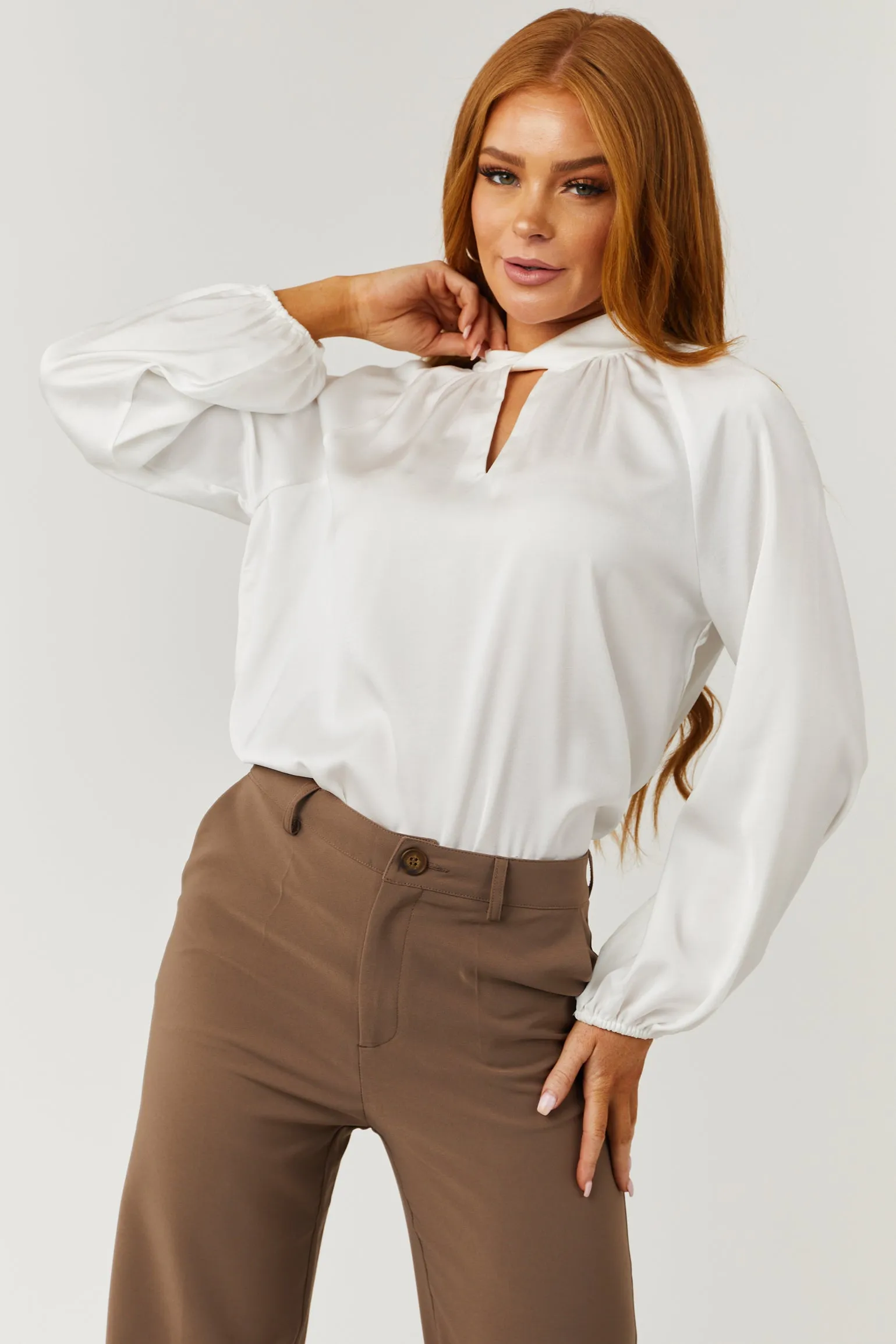Off White Bubble Sleeve High Neck Satin Blouse sold by Lime Lush product image thumbnail 2