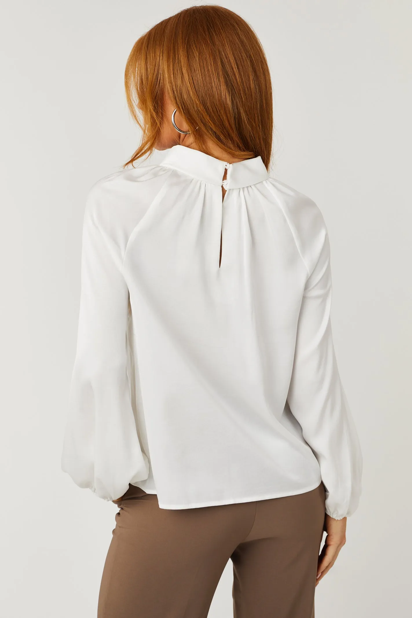 Off White Bubble Sleeve High Neck Satin Blouse sold by Lime Lush product image thumbnail 5
