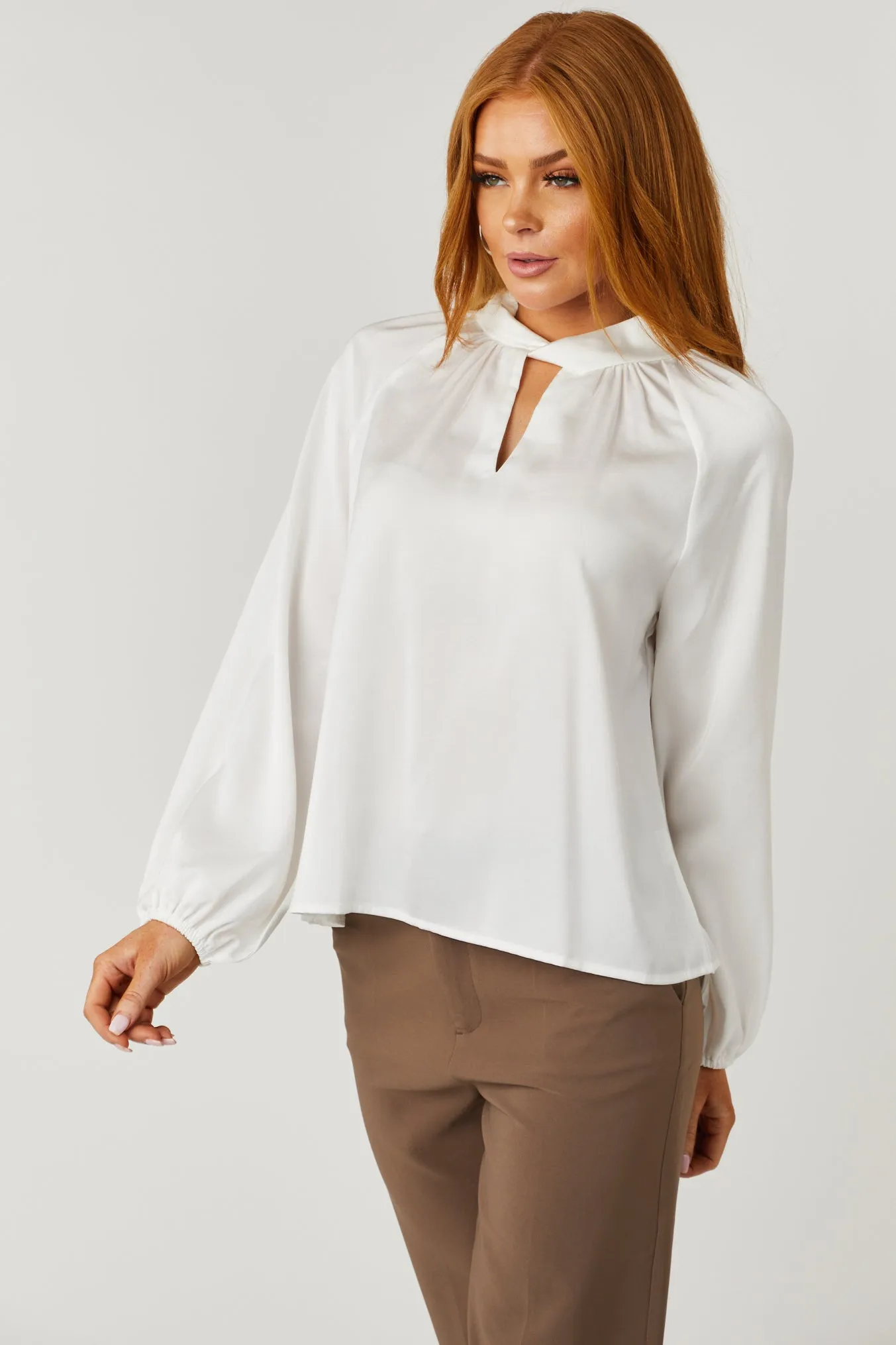 Off White Bubble Sleeve High Neck Satin Blouse sold by Lime Lush product image thumbnail 4