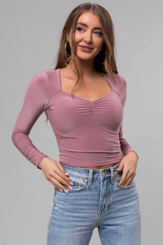 Mauve Sweetheart Neck Long Sleeve Crop Top sold by Lime Lush