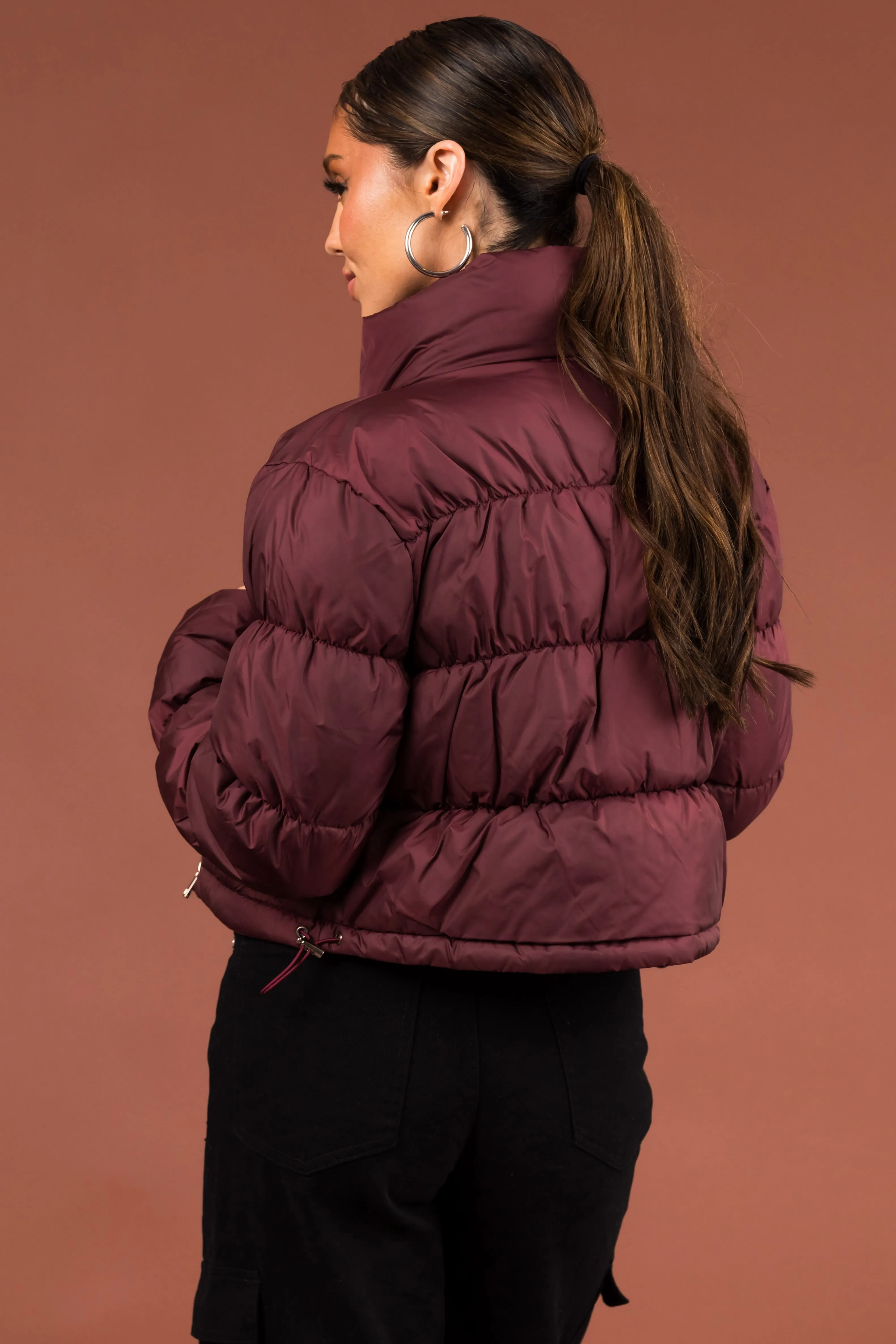 Wine Drawstring Hem Cropped Puffer Jacket sold by Lime Lush product image thumbnail 5