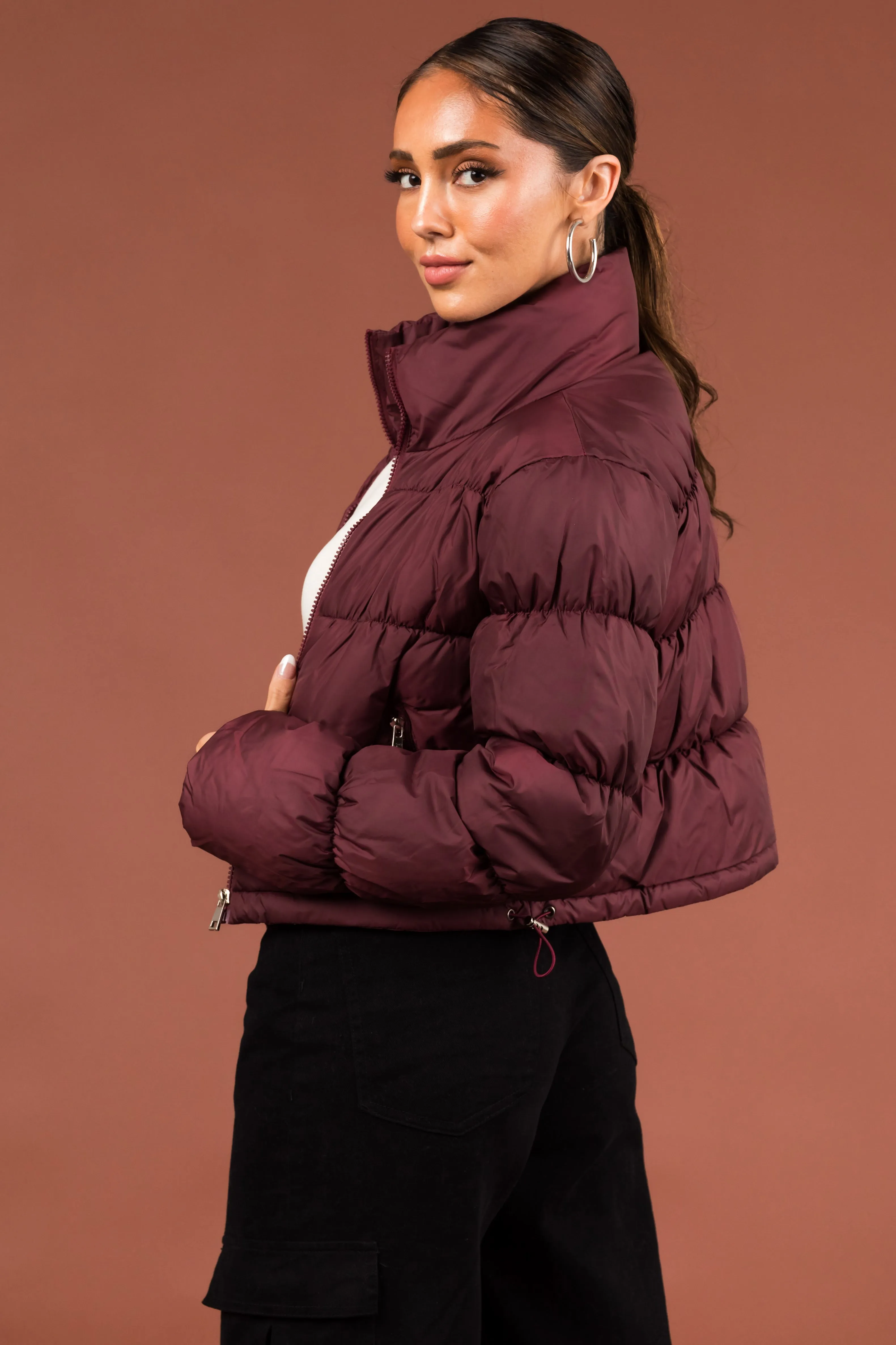 Wine Drawstring Hem Cropped Puffer Jacket sold by Lime Lush product image thumbnail 4