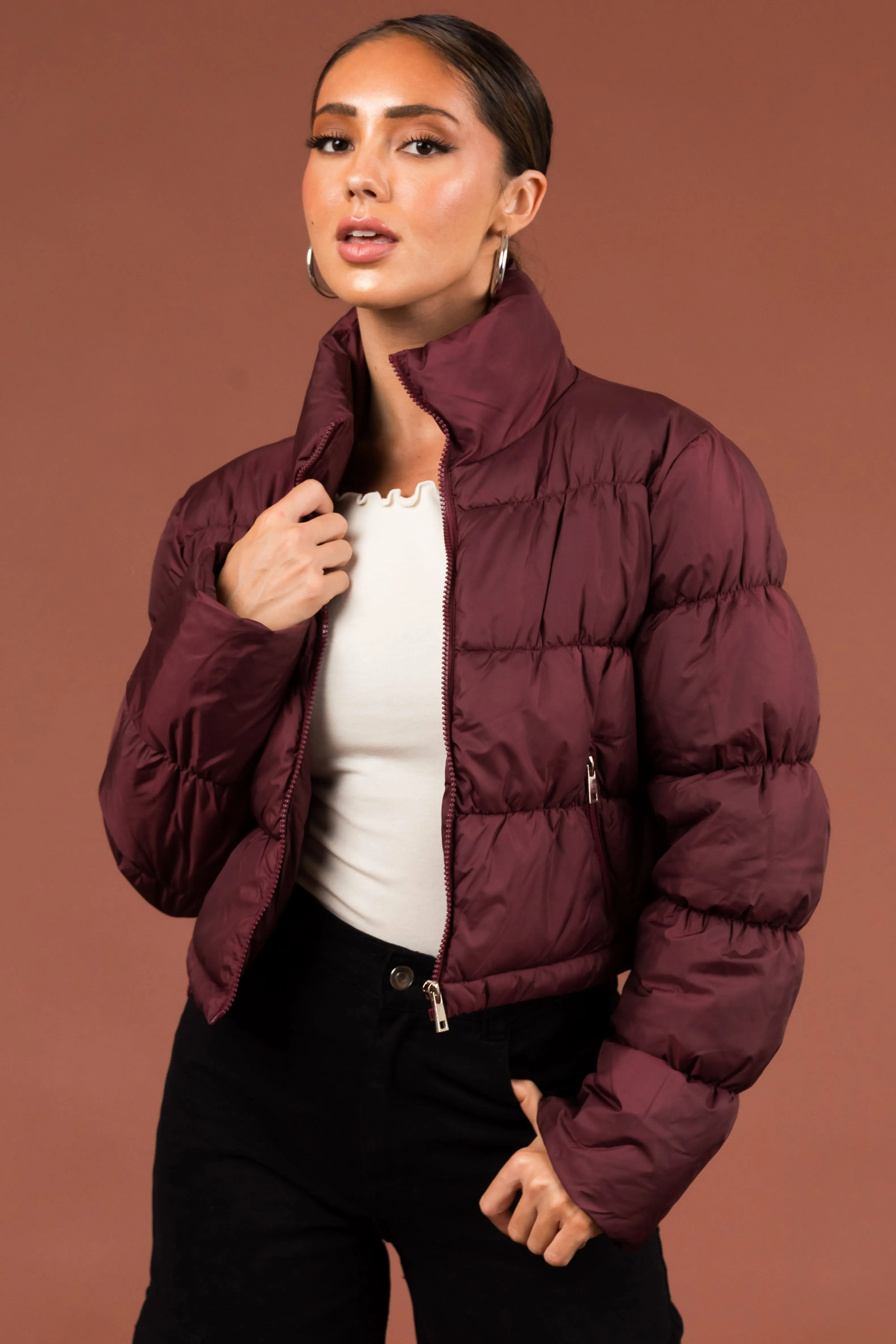 Wine Drawstring Hem Cropped Puffer Jacket sold by Lime Lush