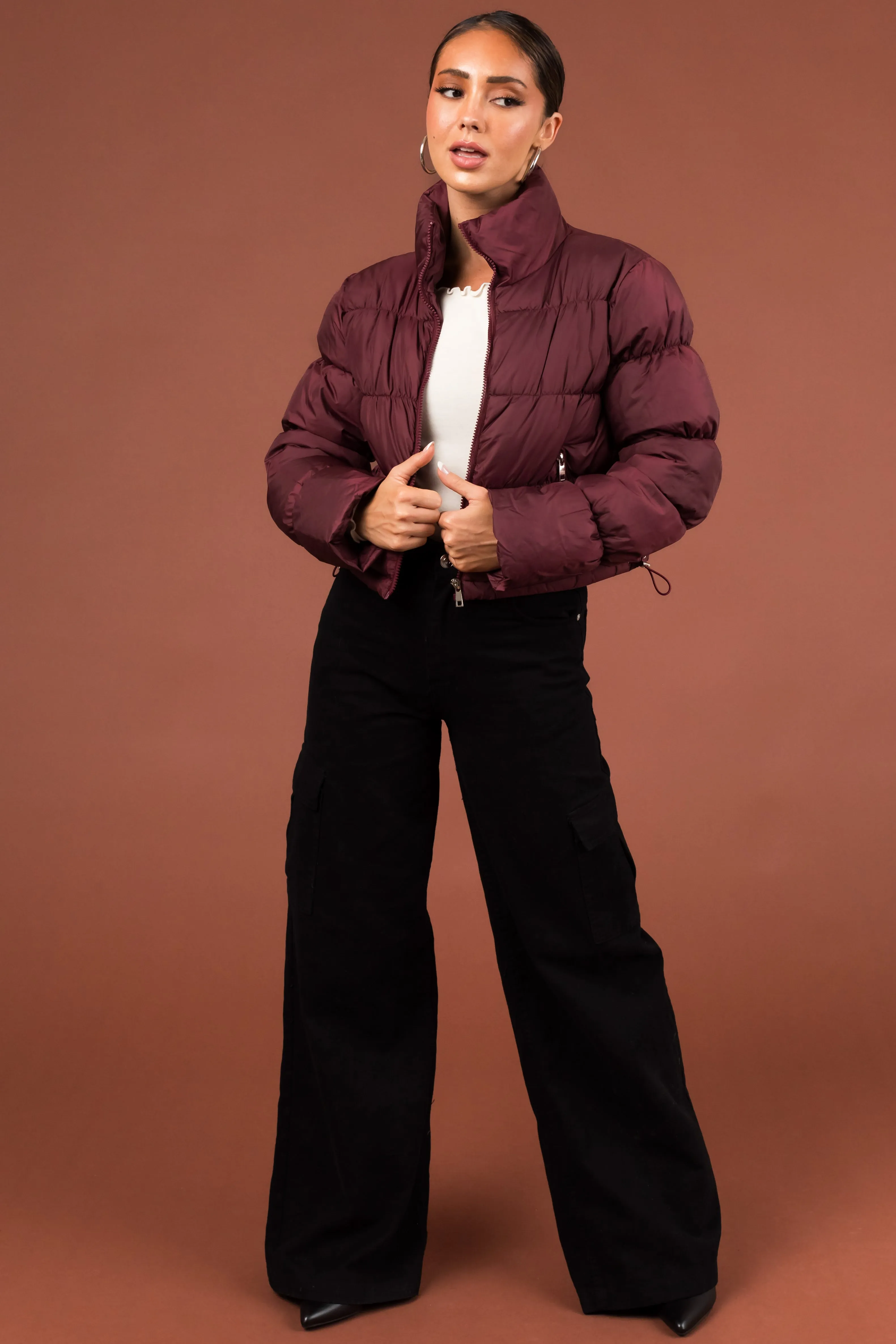 Wine Drawstring Hem Cropped Puffer Jacket sold by Lime Lush product image thumbnail 2