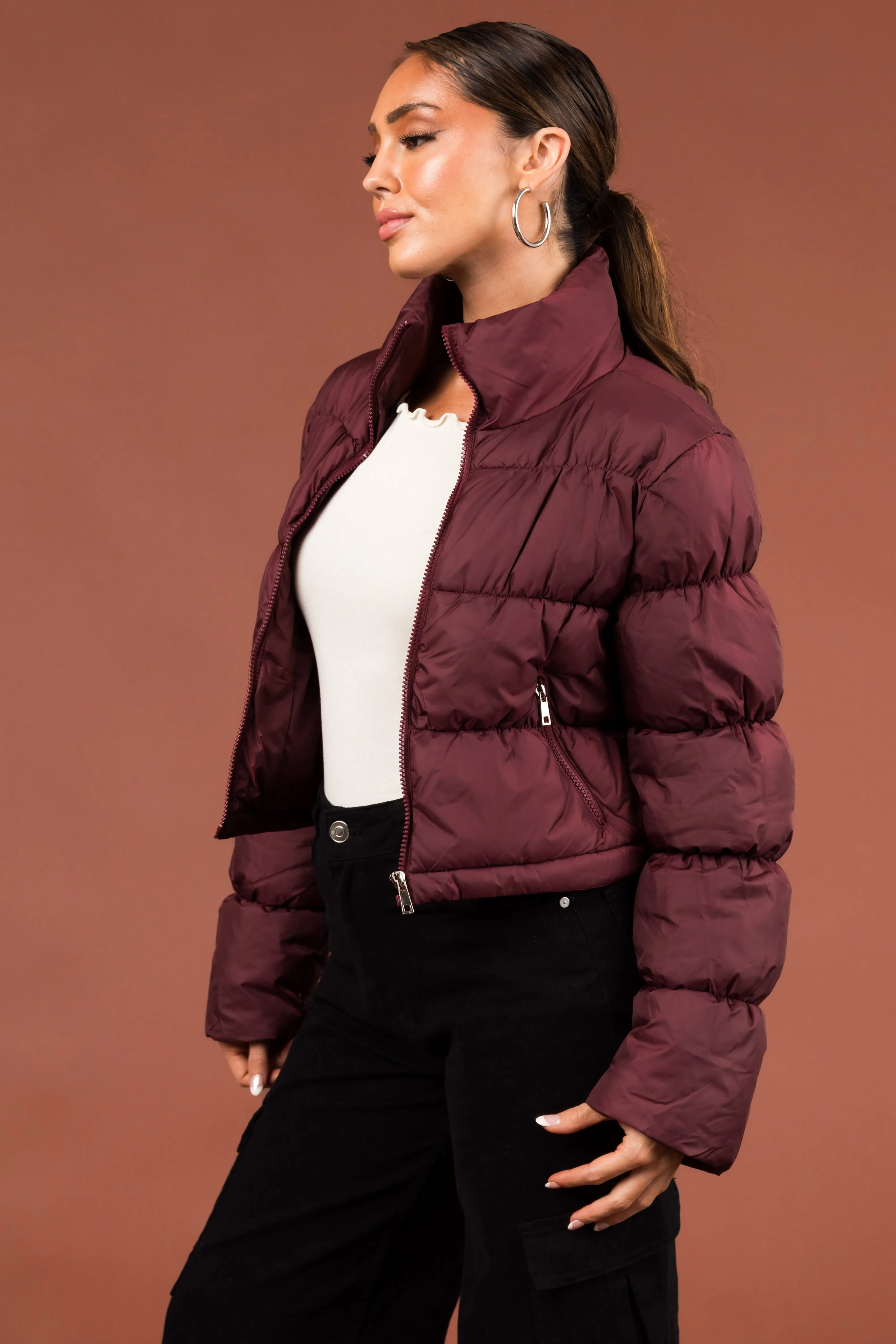 Wine Drawstring Hem Cropped Puffer Jacket sold by Lime Lush product image thumbnail 3
