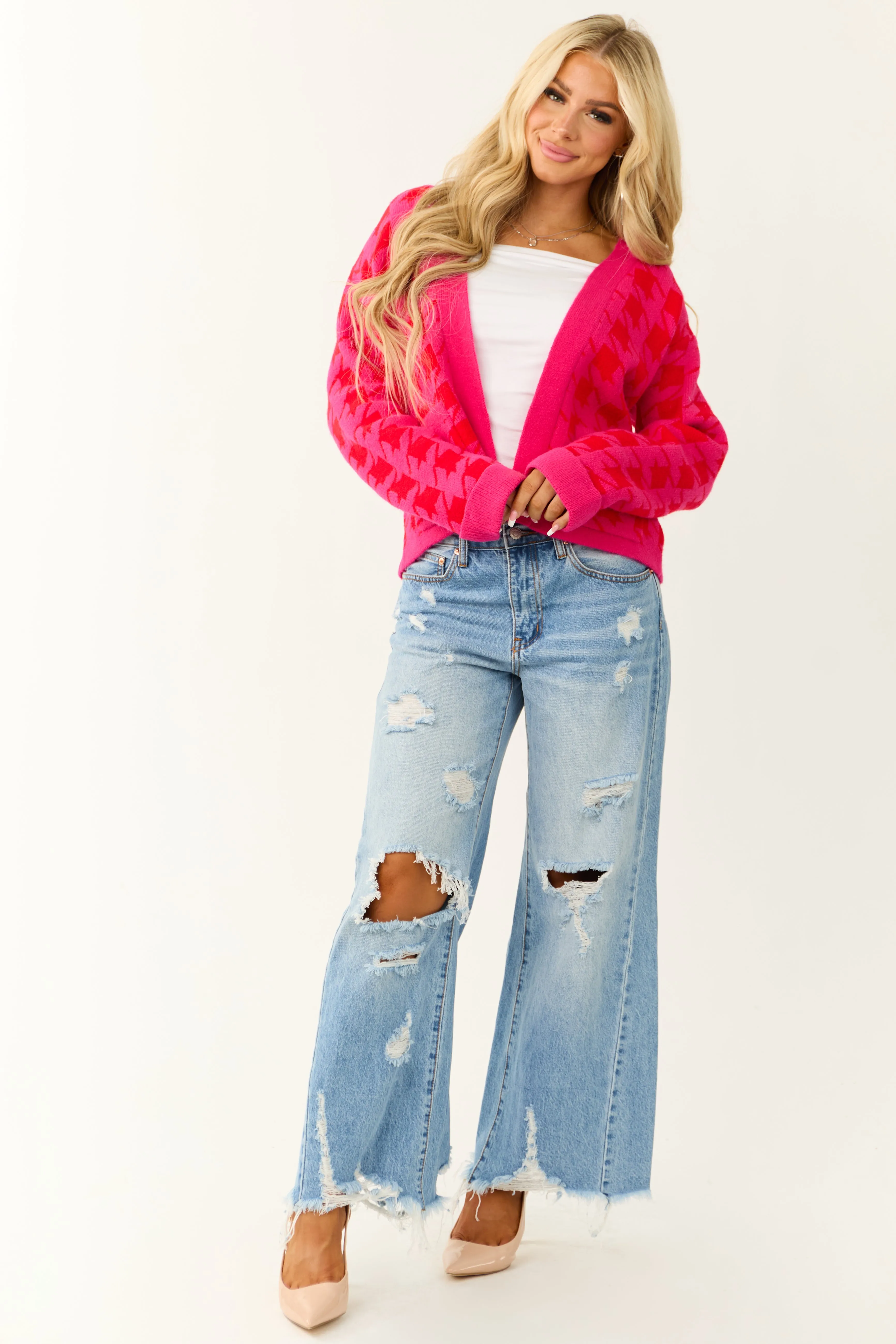 Fuchsia Houndstooth Long Sleeve Cardigan sold by Lime Lush product image thumbnail 2