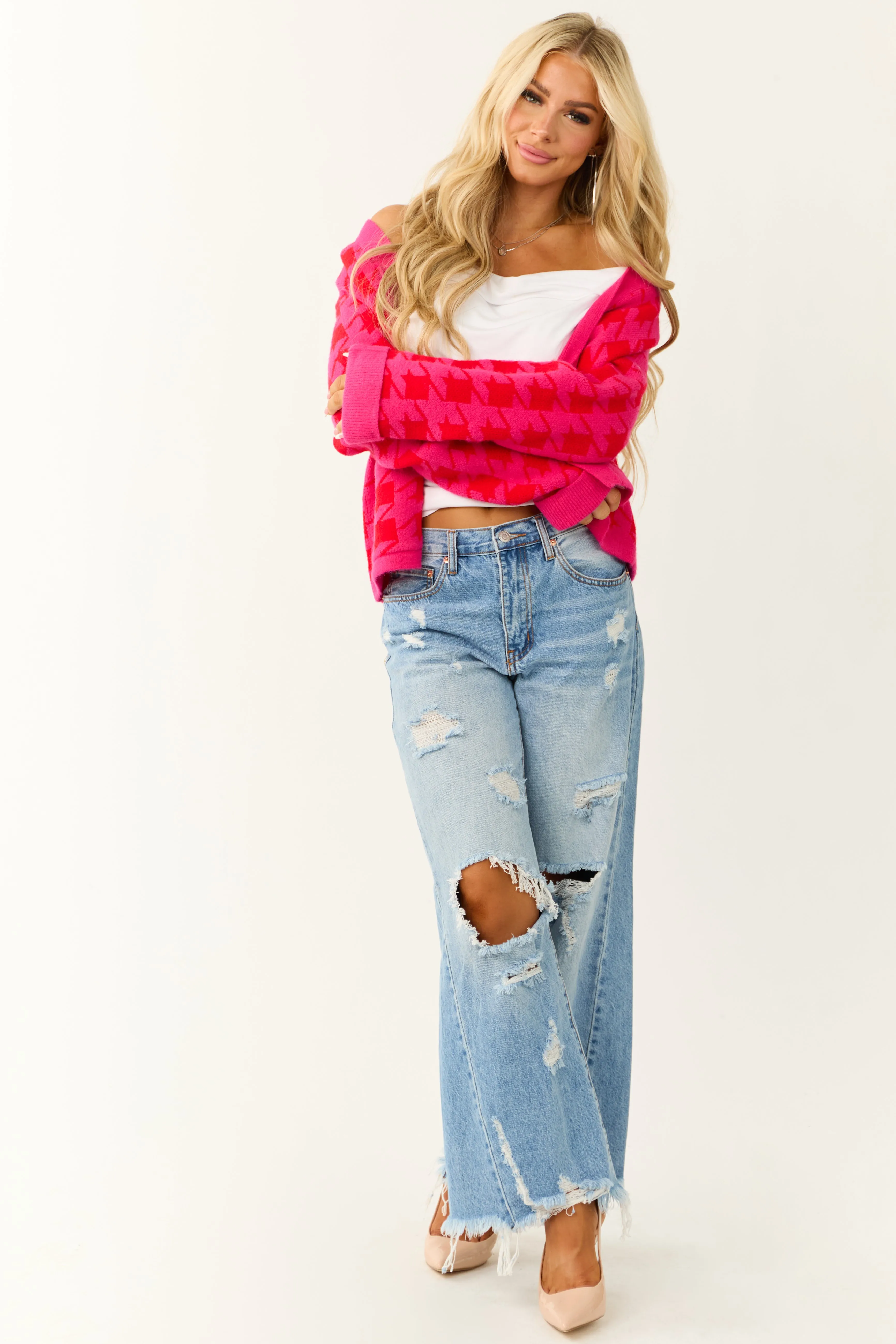 Fuchsia Houndstooth Long Sleeve Cardigan sold by Lime Lush product image thumbnail 4