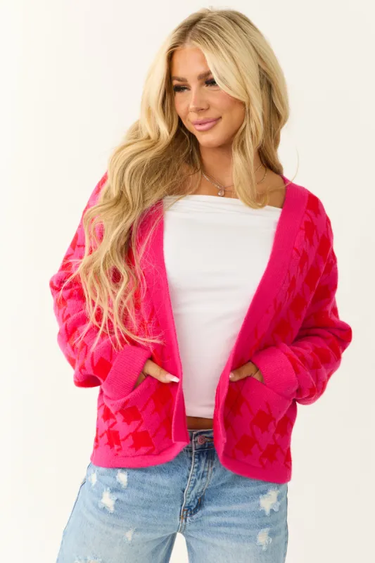 Fuchsia Houndstooth Long Sleeve Cardigan sold by Lime Lush