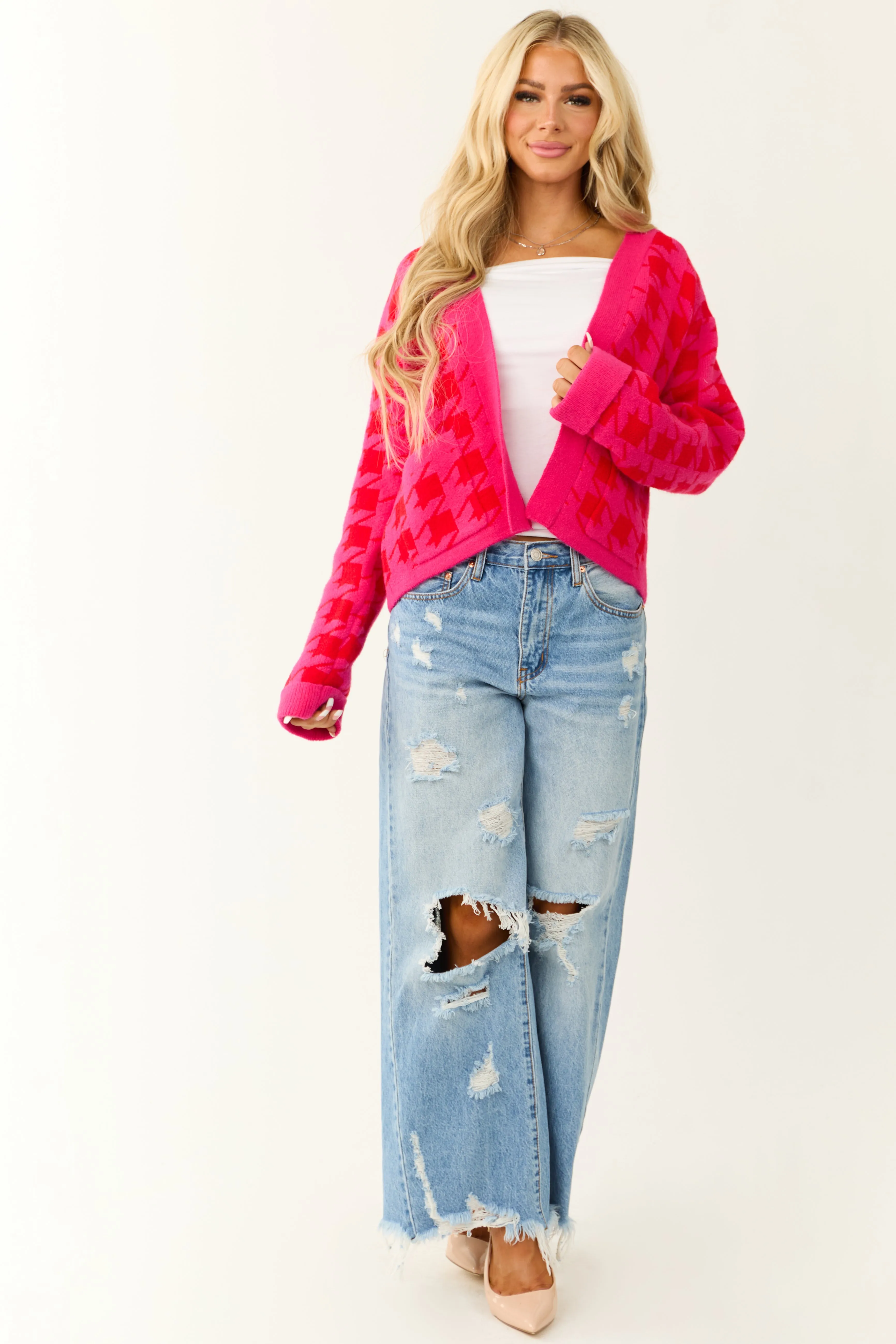 Fuchsia Houndstooth Long Sleeve Cardigan sold by Lime Lush product image thumbnail 3