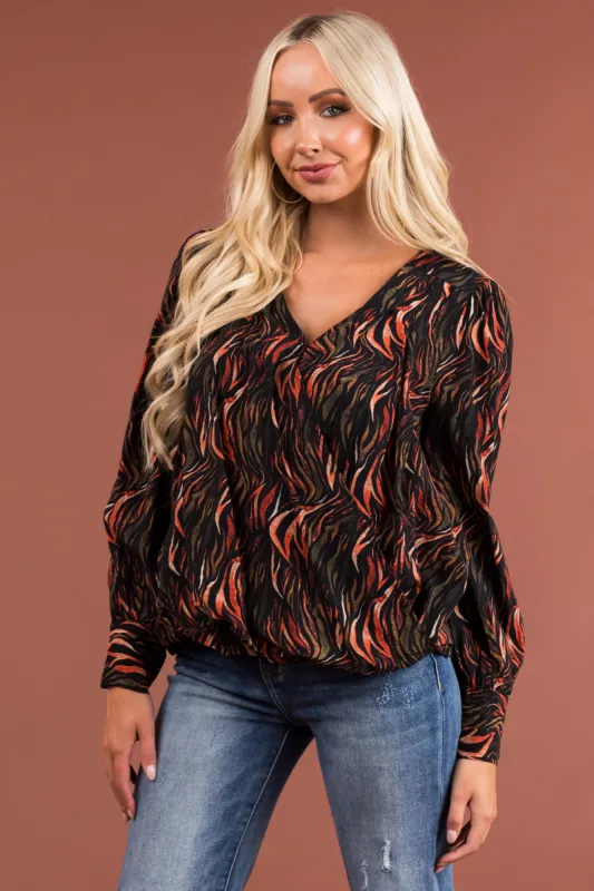 Black Abstract Print Surplice Long Sleeve Blouse sold by Lime Lush