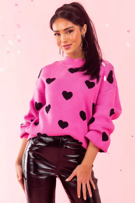 Rich Pink Bubble Sleeve Heart Sweater sold by Lime Lush