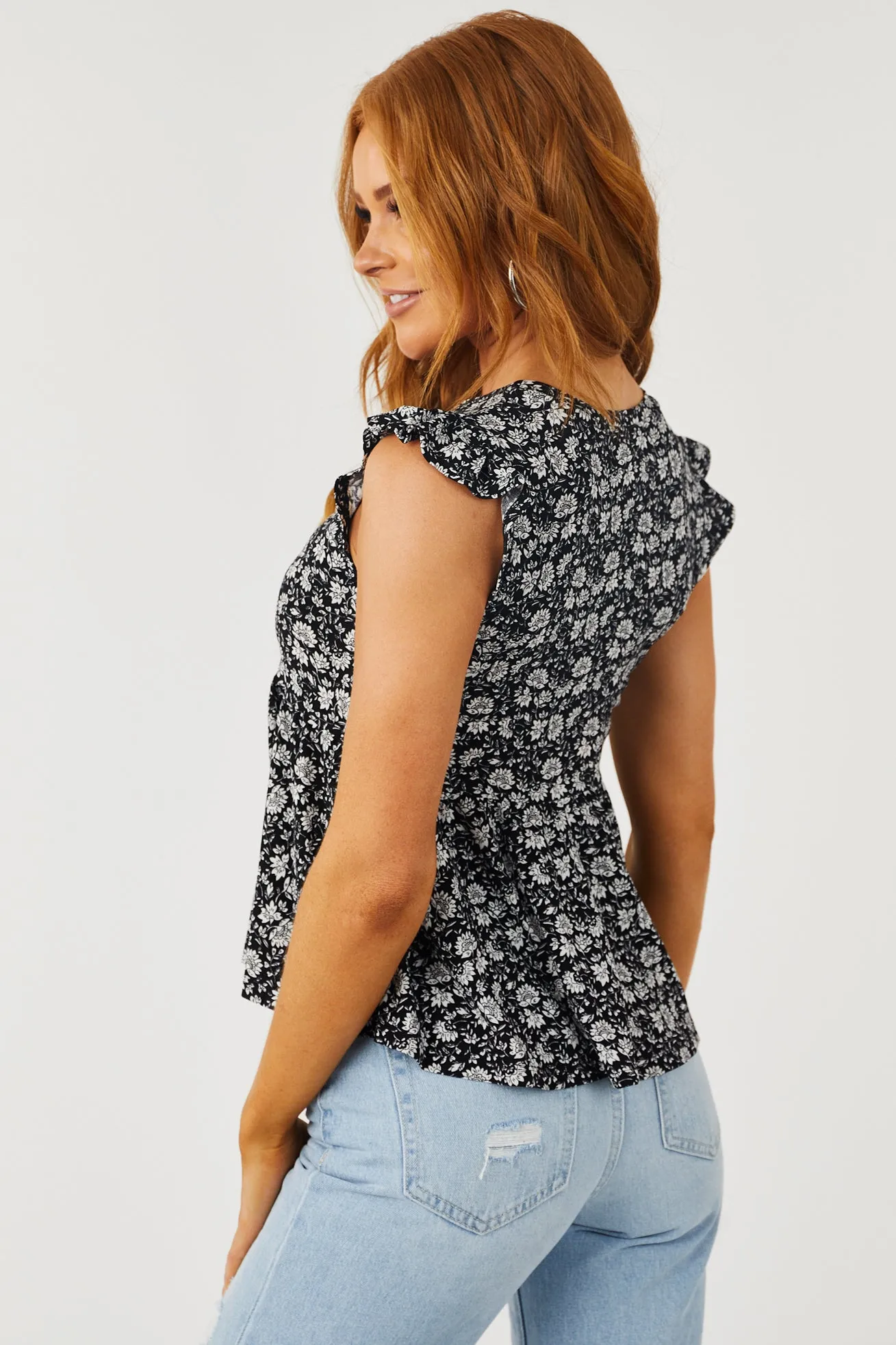 Black Floral Print Cap Sleeve Peplum Top sold by Lime Lush product image thumbnail 4