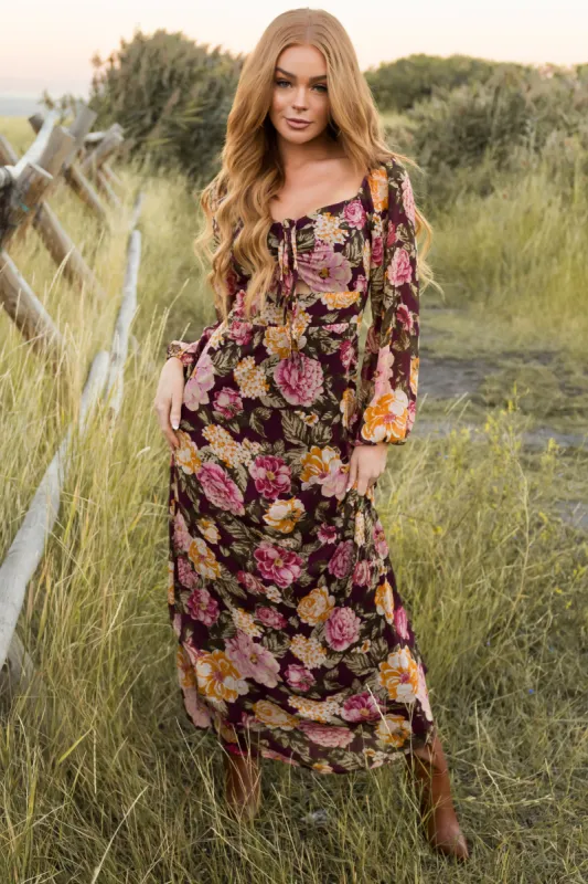 Boysenberry Floral Print Long Sleeve Maxi Dress sold by Lime Lush