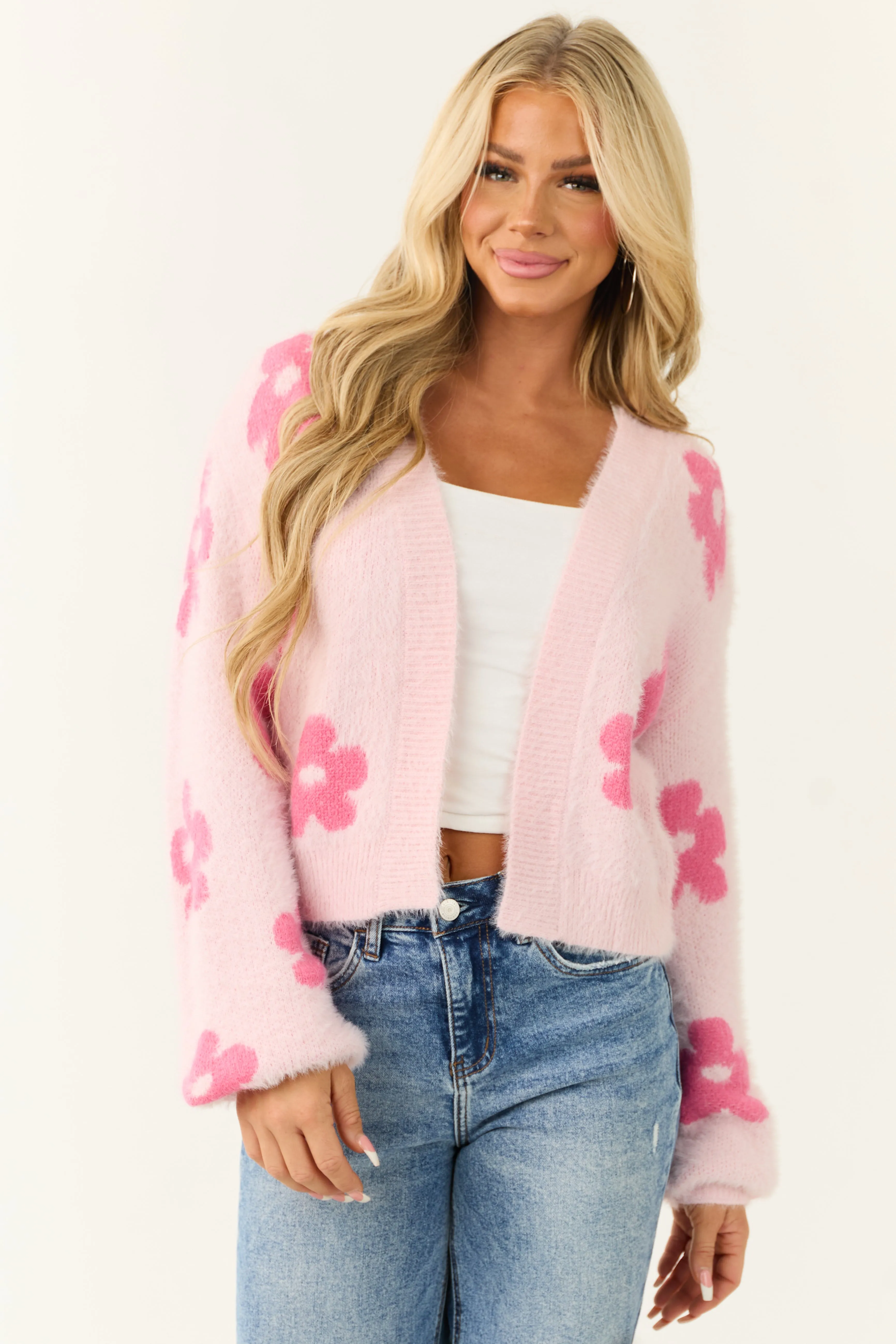 Blush Floral Print Open Front Textured Cardigan sold by Lime Lush