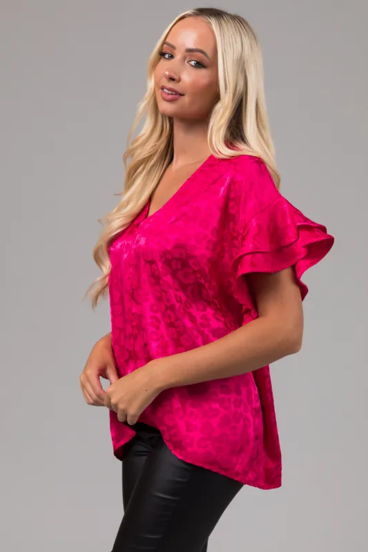 Hot Pink Animal Print Short Ruffle Sleeve Top sold by Lime Lush