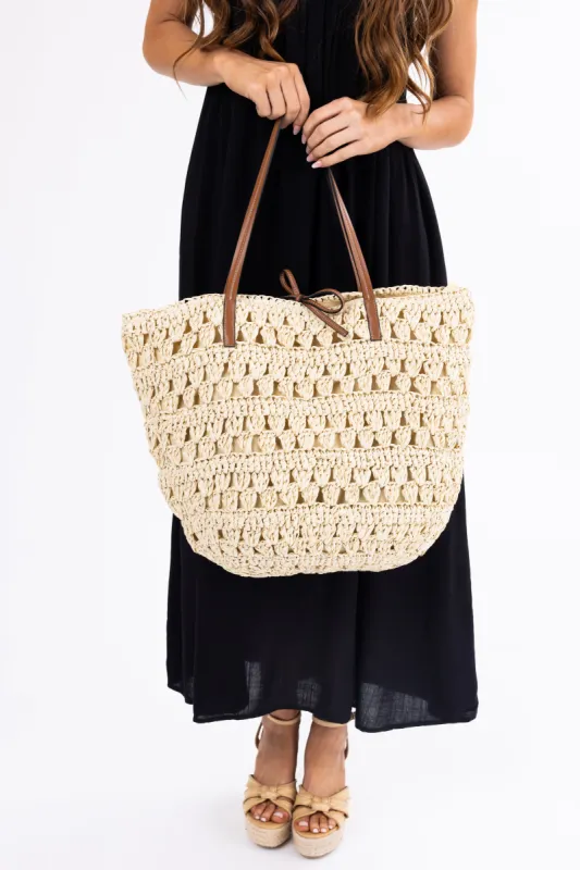 Cream Straw Braided Pleather Handle Tote Bag sold by Lime Lush