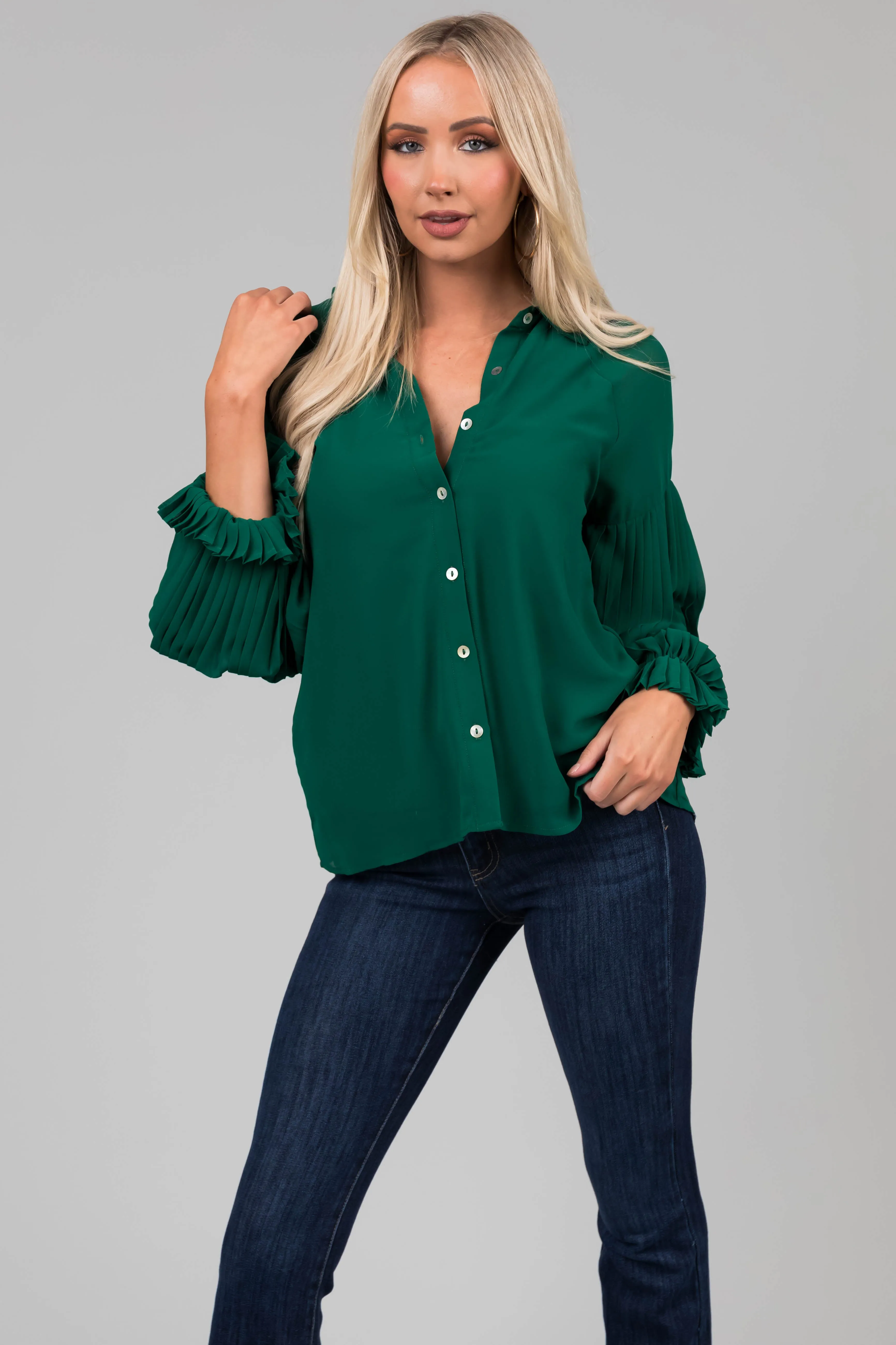Forest Pleated Poet Sleeve Button Up Blouse sold by Lime Lush product image thumbnail 2