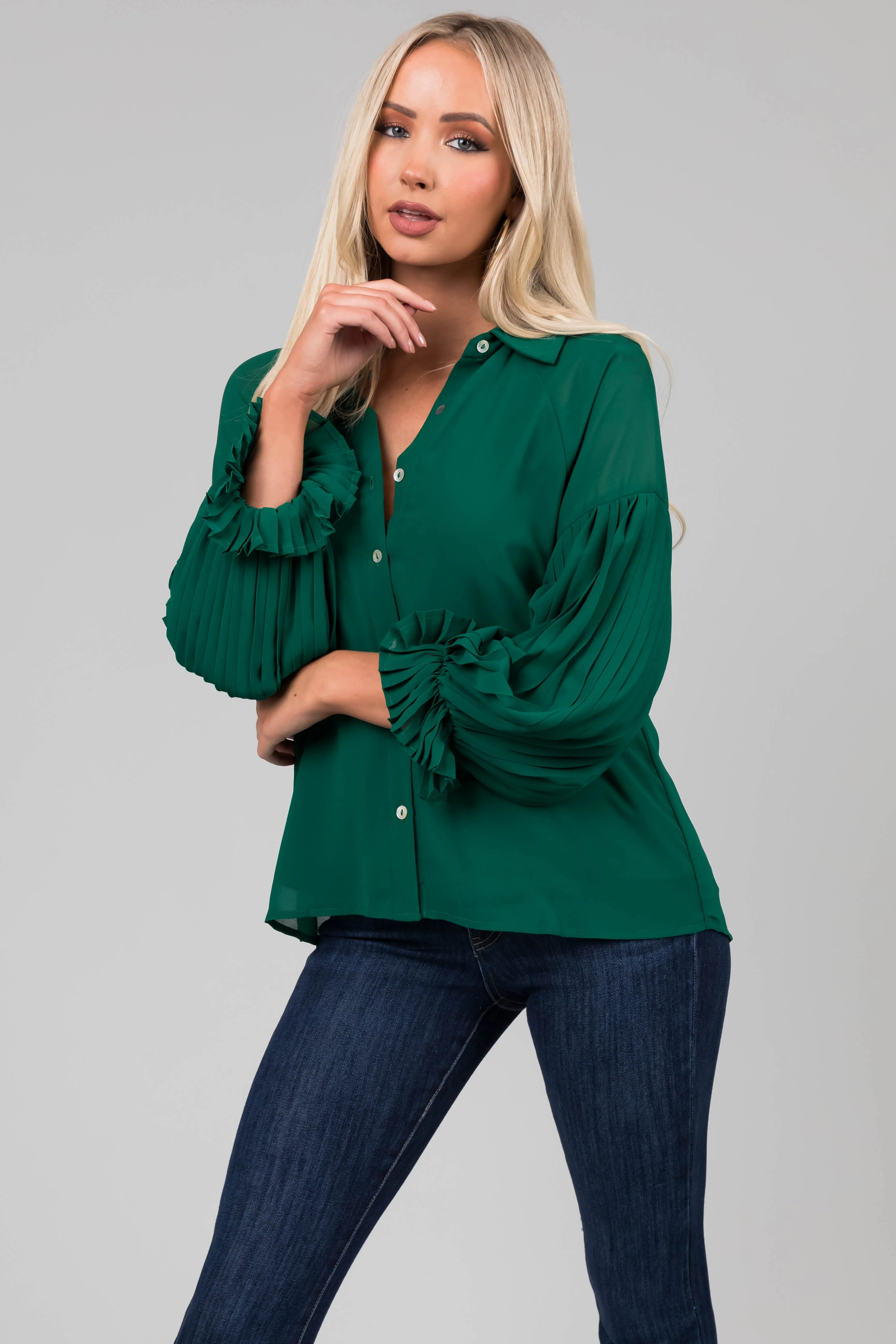 Forest Pleated Poet Sleeve Button Up Blouse sold by Lime Lush product image thumbnail 3