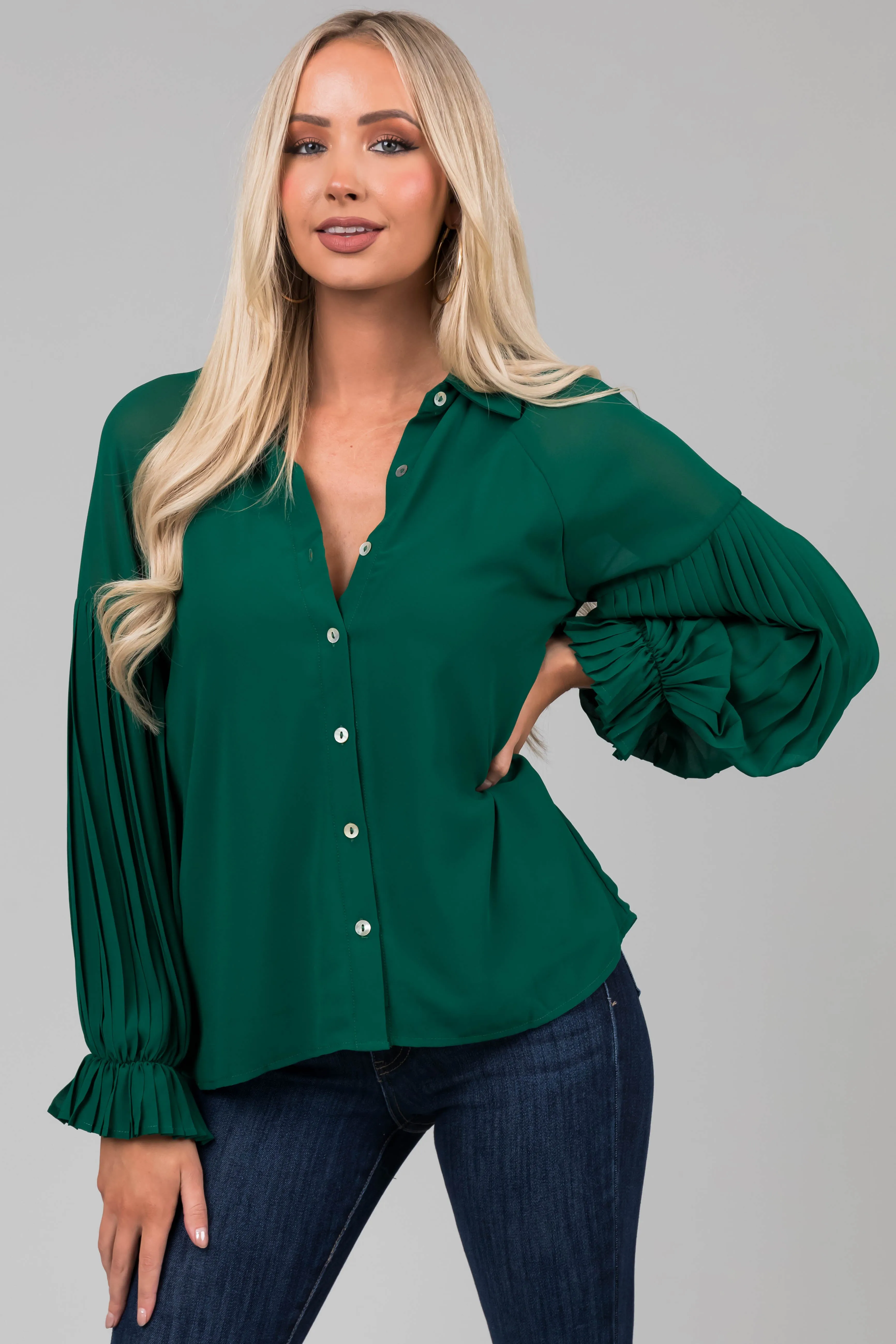 Forest Pleated Poet Sleeve Button Up Blouse sold by Lime Lush