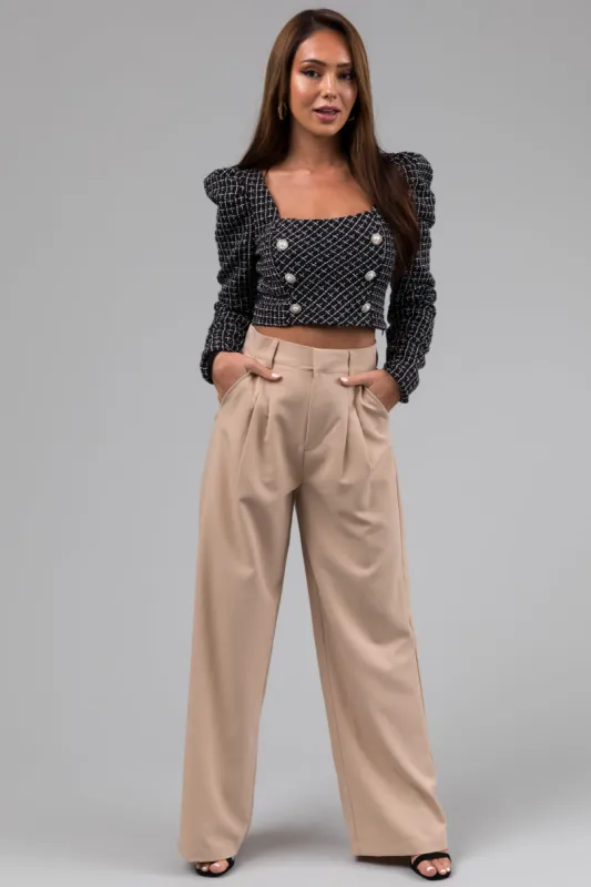 Sand Pleated High Waisted Wide Leg Pants sold by Lime Lush