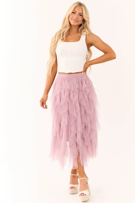 Mauve Tulle Spiral Ruffle Midi Skirt sold by Lime Lush