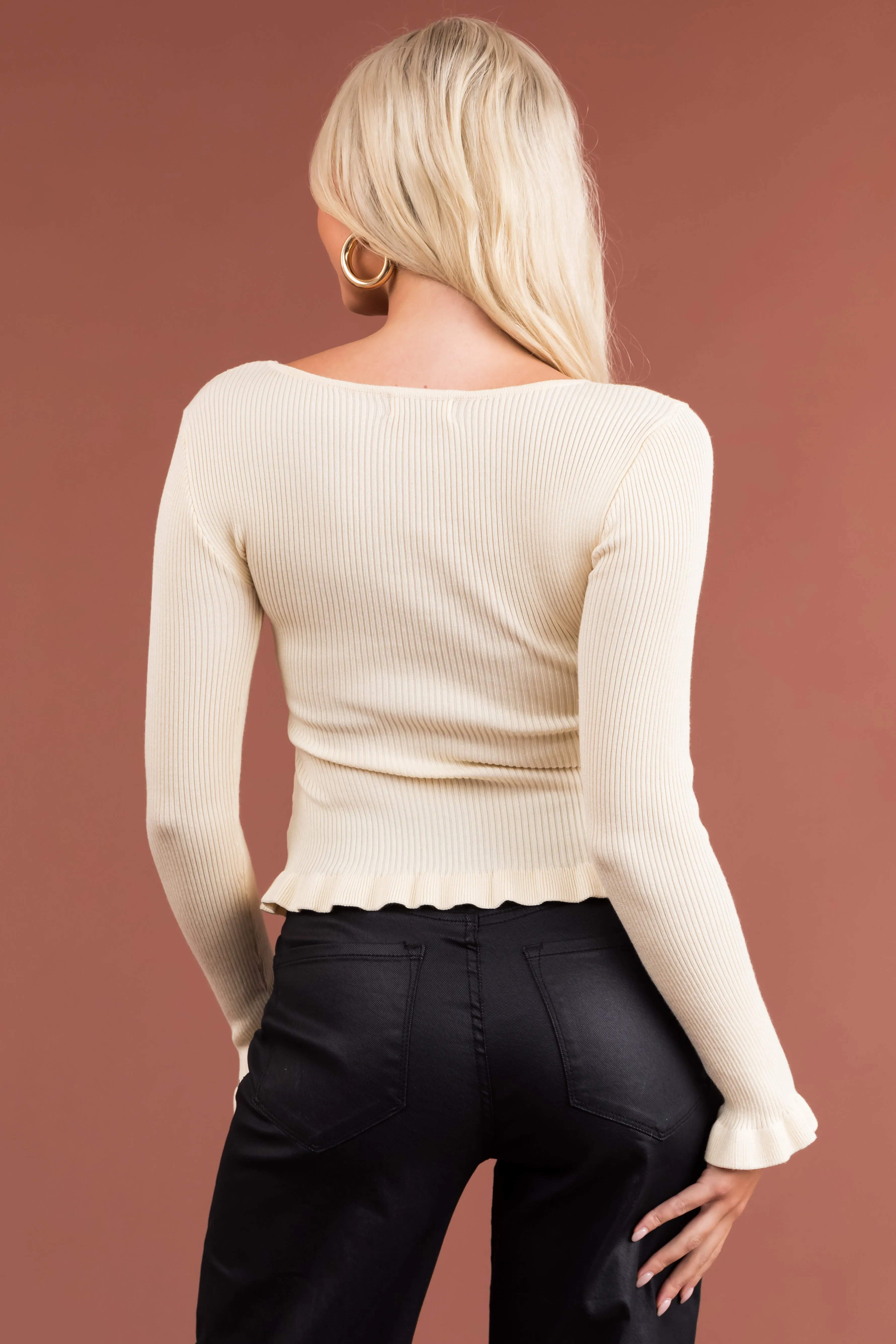 Cream Fitted Ribbed Knit Top with Ruffle Trim sold by Lime Lush product image thumbnail 5