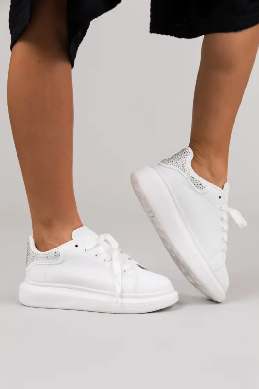 White and Silver Chunky Lace Up Tennis Shoes sold by Lime Lush