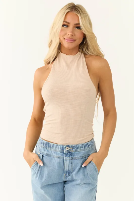 Nude Open Back High Halter Neck Ribbed Top sold by Lime Lush