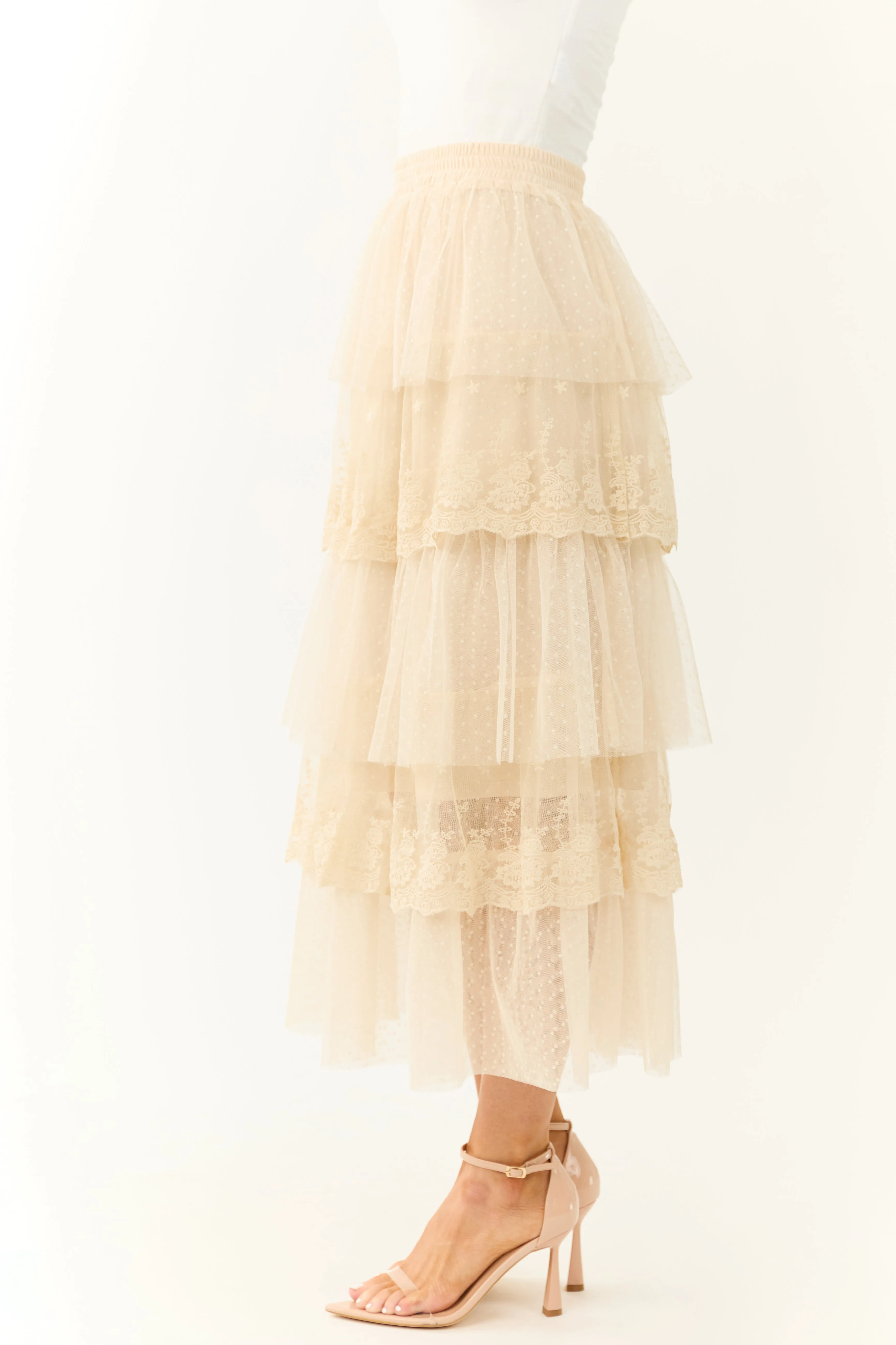 Almond Ruffle Swiss Dot Tulle Midi Skirt sold by Lime Lush product image thumbnail 4