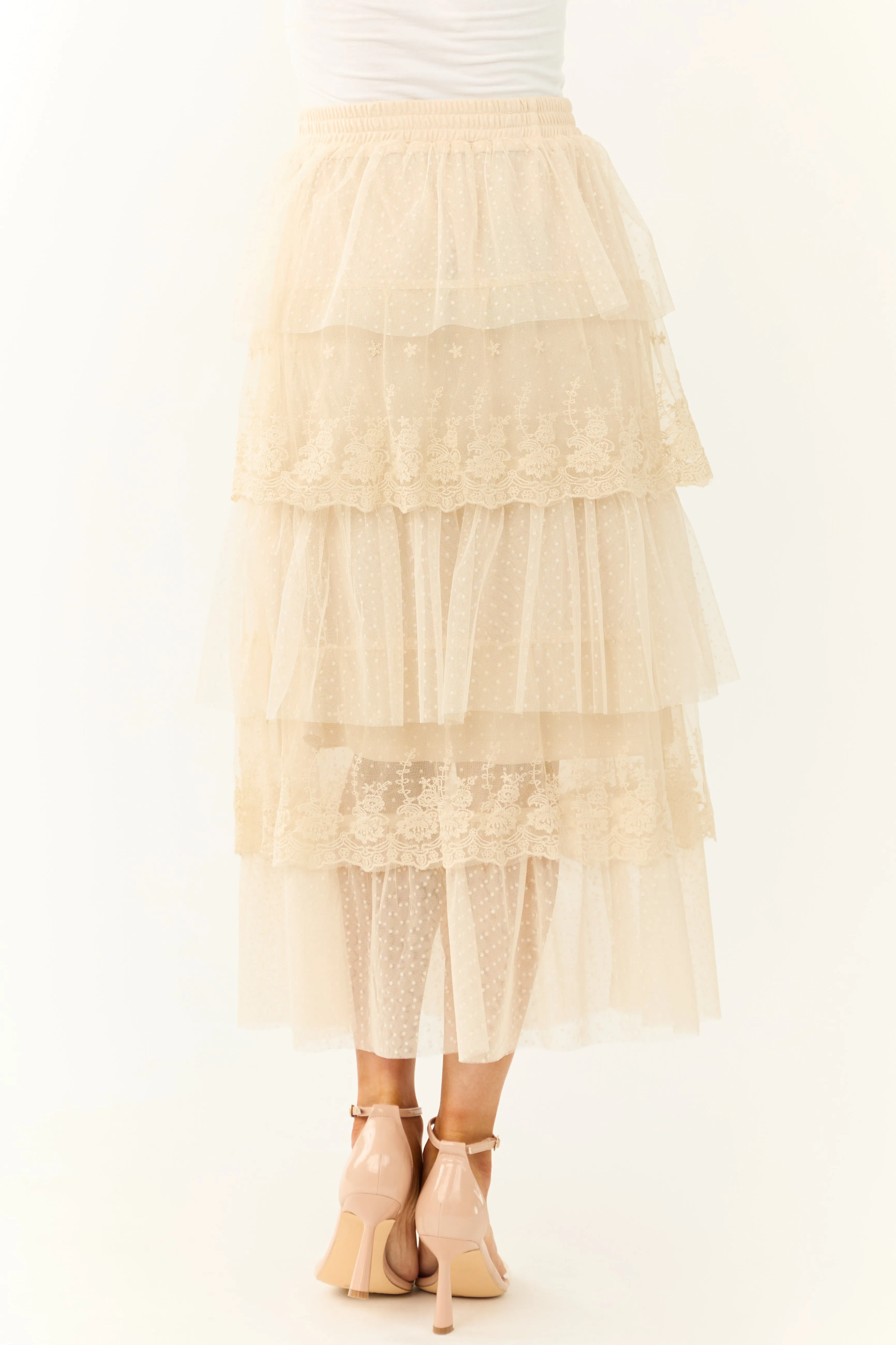 Almond Ruffle Swiss Dot Tulle Midi Skirt sold by Lime Lush product image thumbnail 5