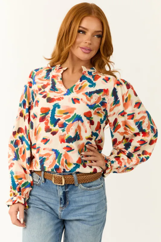 Cream Abstract Print Long Sleeve Frill Top made by JODIFL