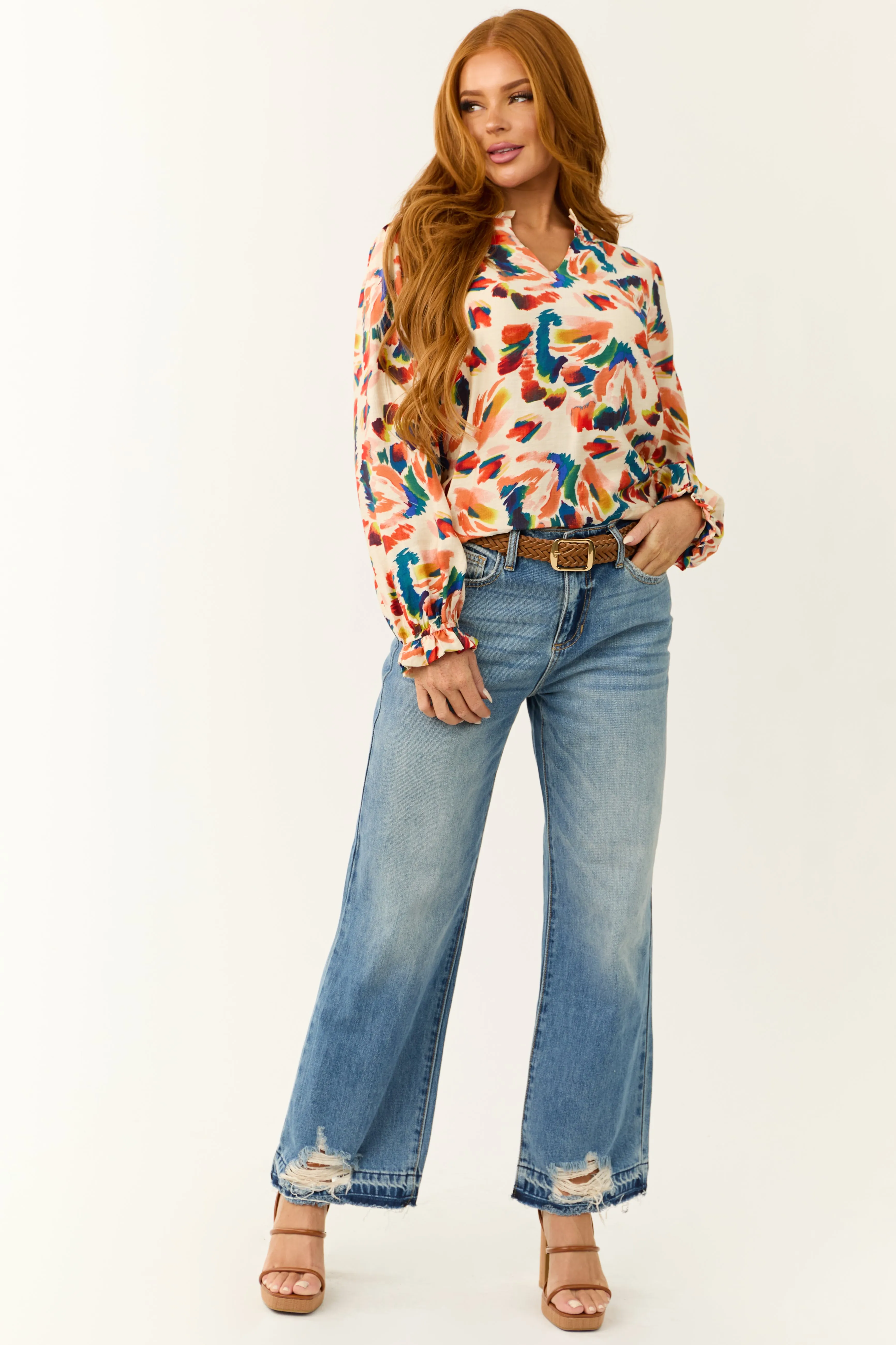 Cream Abstract Print Long Sleeve Frill Top sold by Lime Lush product image thumbnail 3