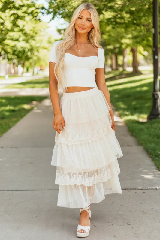 Almond Ruffle Swiss Dot Tulle Midi Skirt sold by Lime Lush