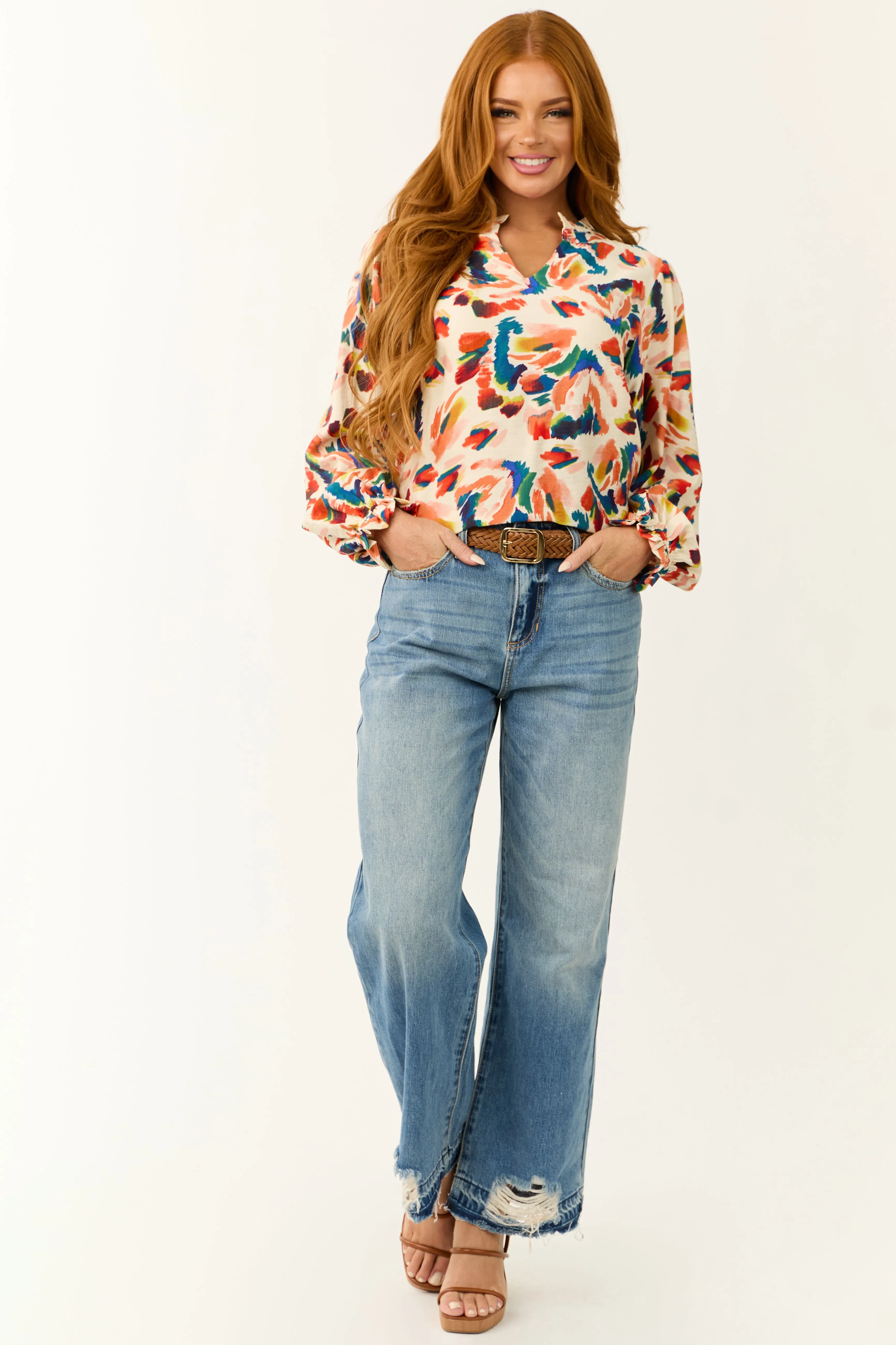 Cream Abstract Print Long Sleeve Frill Top sold by Lime Lush product image thumbnail 2