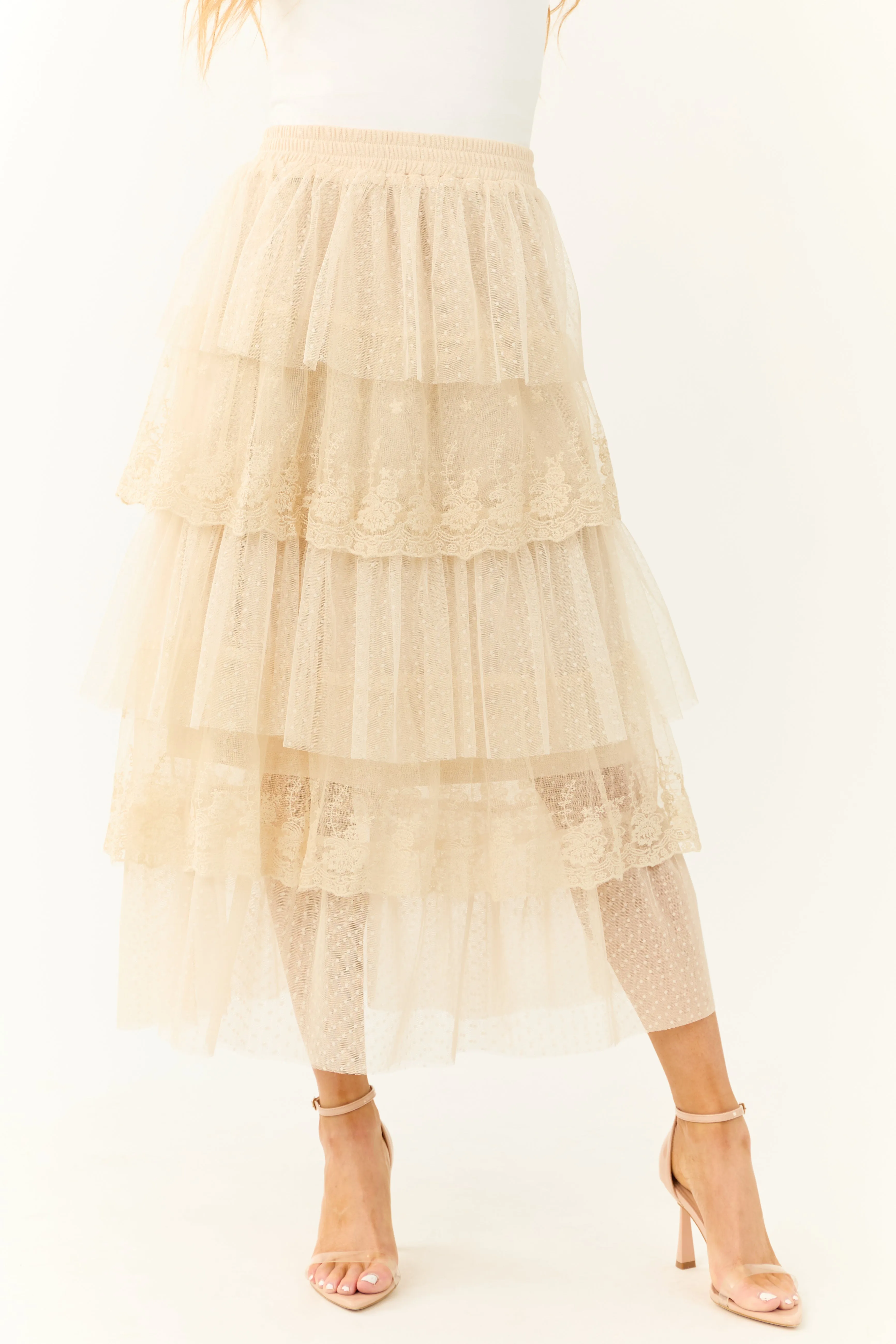 Almond Ruffle Swiss Dot Tulle Midi Skirt sold by Lime Lush product image thumbnail 3