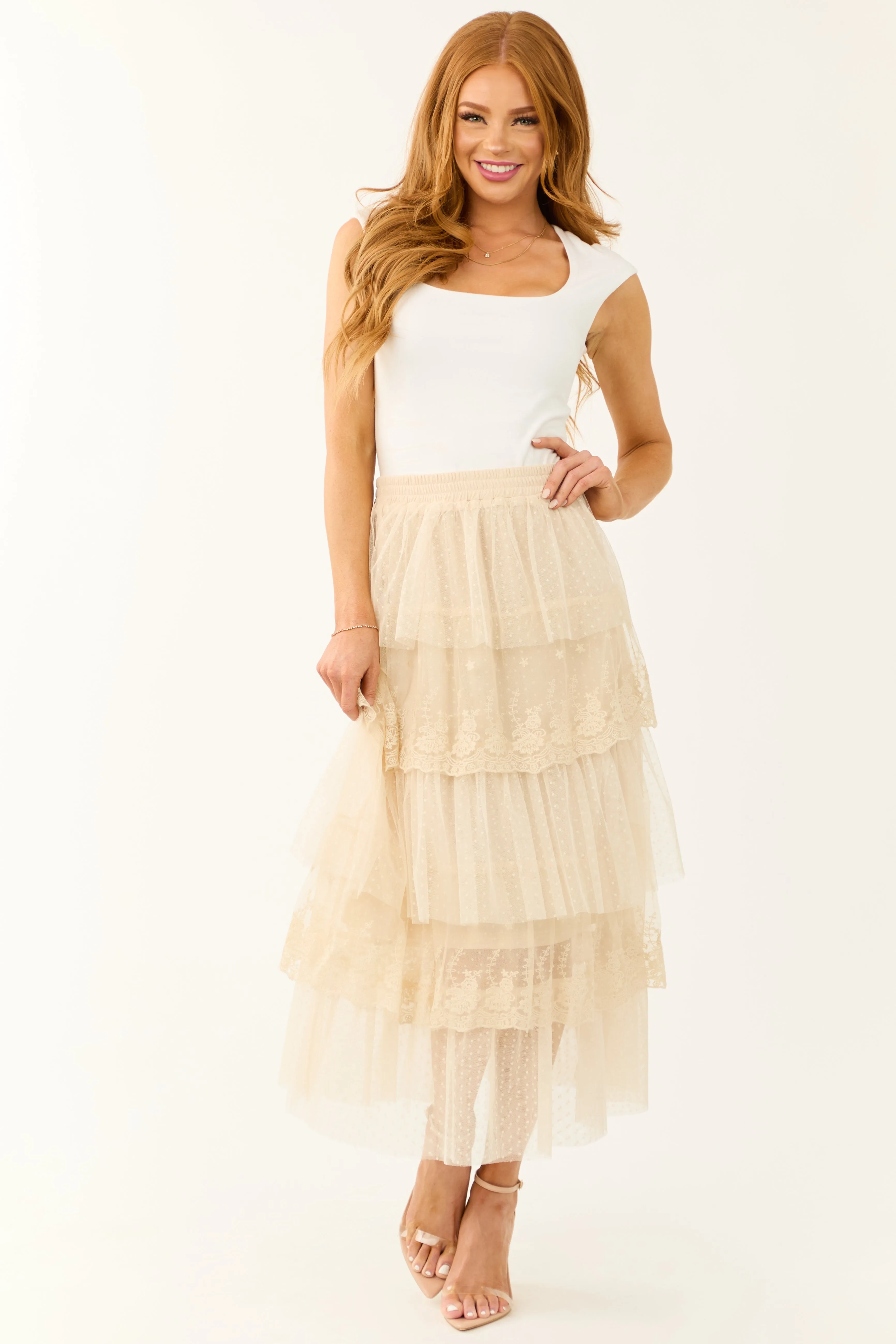 Almond Ruffle Swiss Dot Tulle Midi Skirt sold by Lime Lush product image thumbnail 2