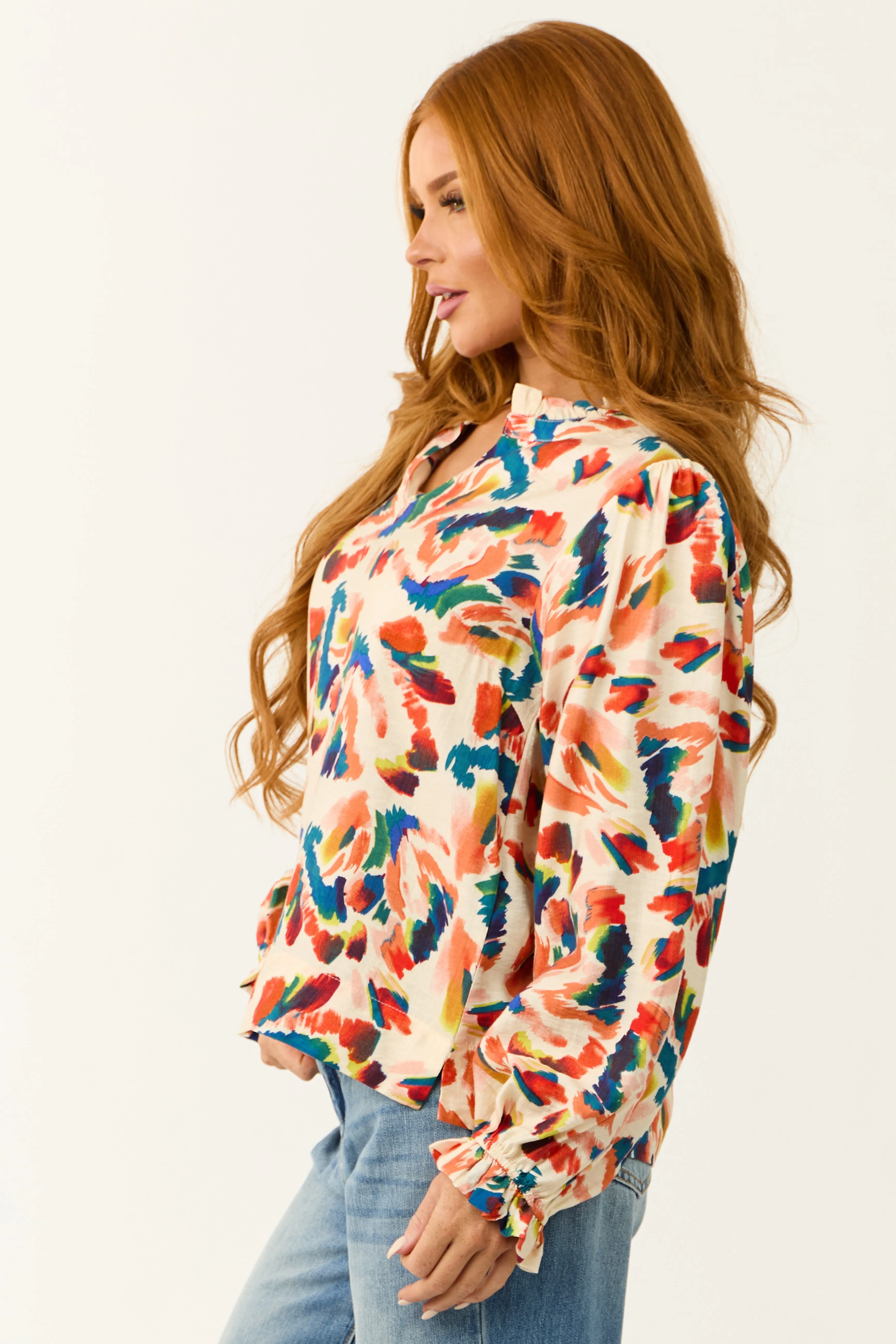 Cream Abstract Print Long Sleeve Frill Top sold by Lime Lush product image thumbnail 5