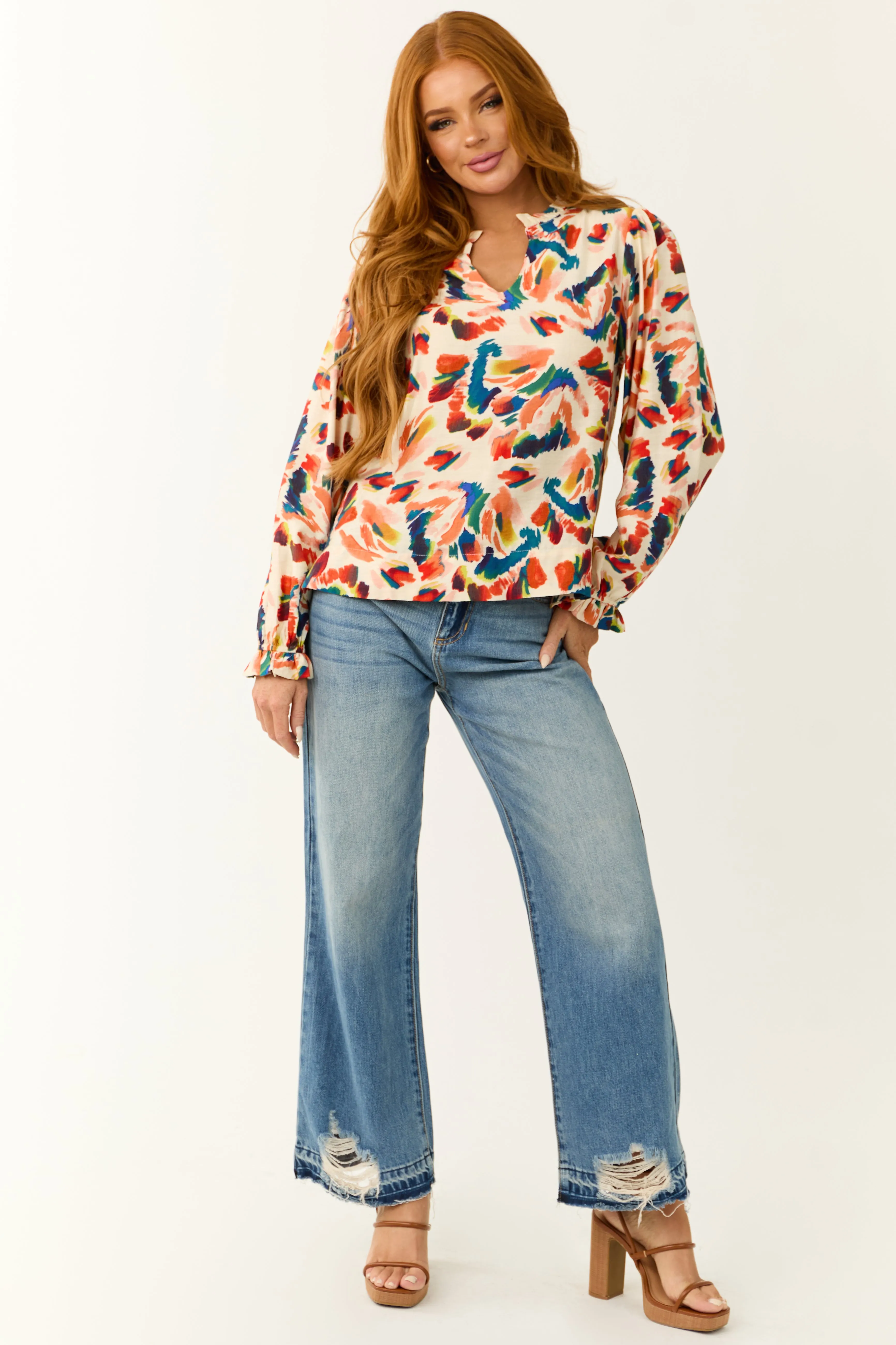 Cream Abstract Print Long Sleeve Frill Top sold by Lime Lush product image thumbnail 4