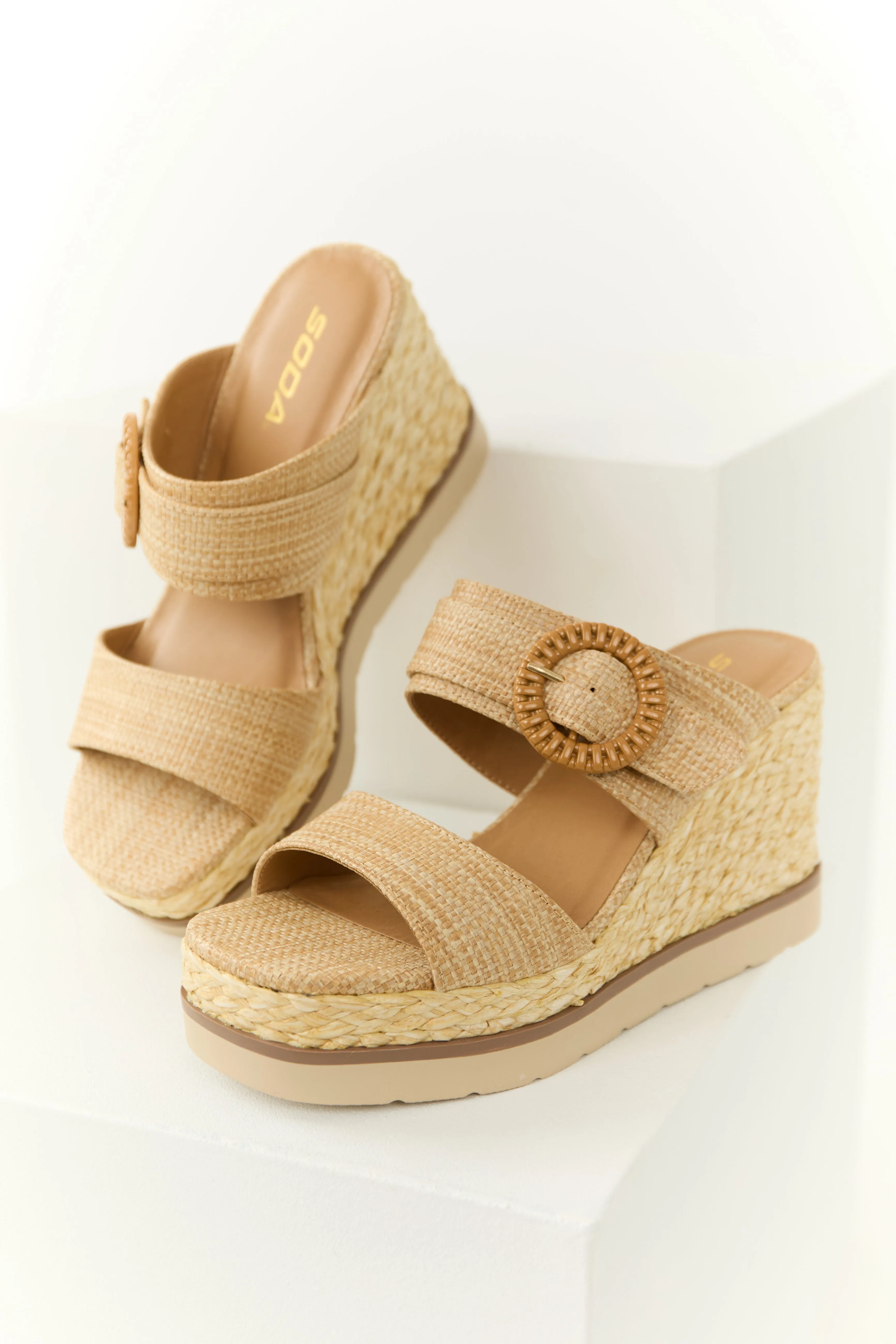 Latte Chunky Platform Raffia Wedge Heels sold by Lime Lush