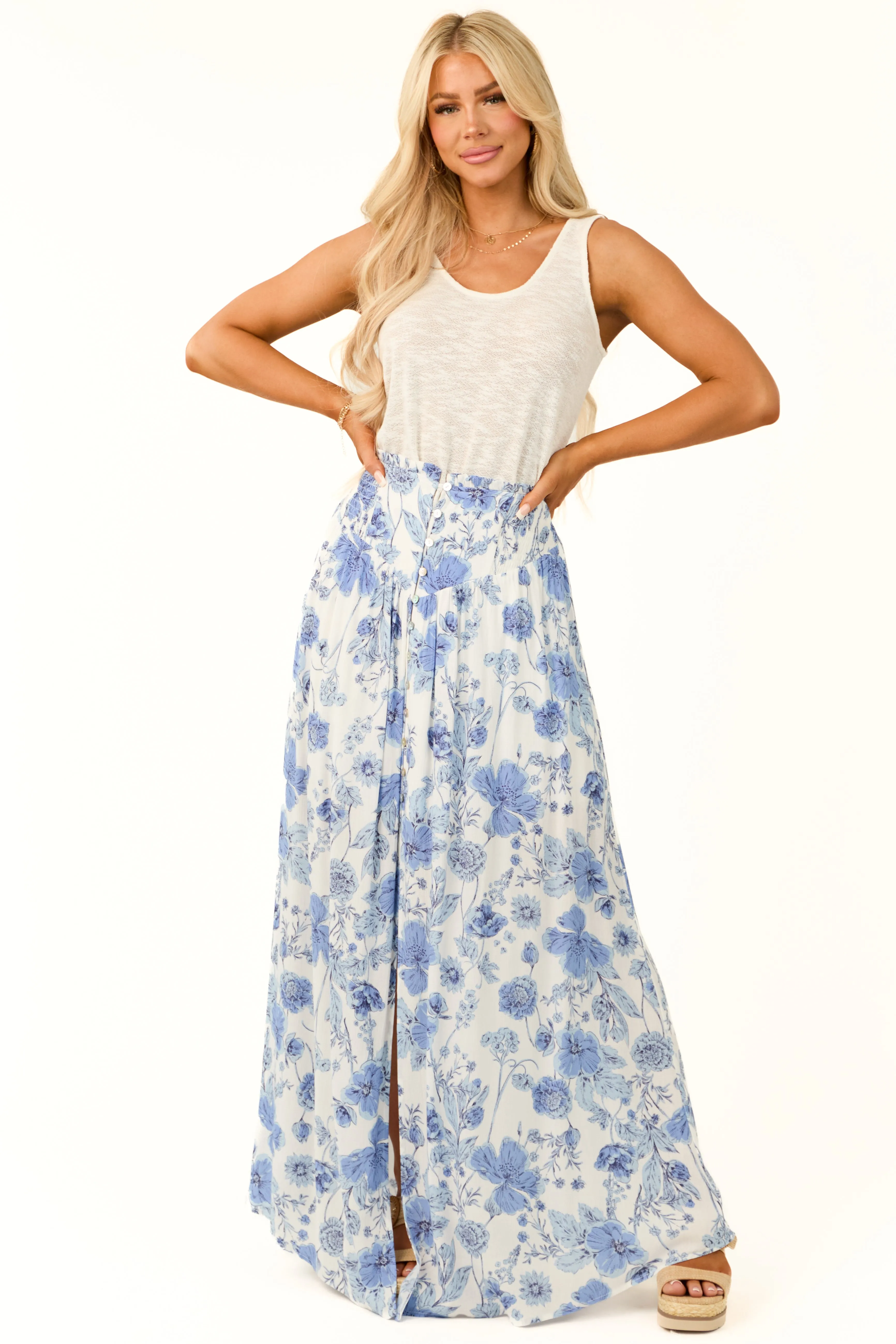 Ivory Floral Print Smocked Waist Maxi Skirt sold by Lime Lush product image thumbnail 2