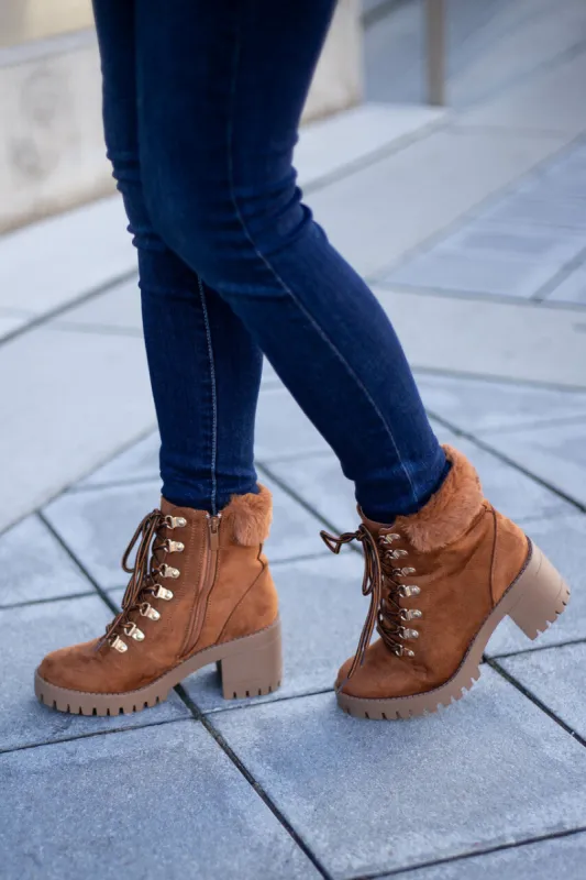 Caramel Faux Suede Lace Up Heeled Lug Booties sold by Lime Lush