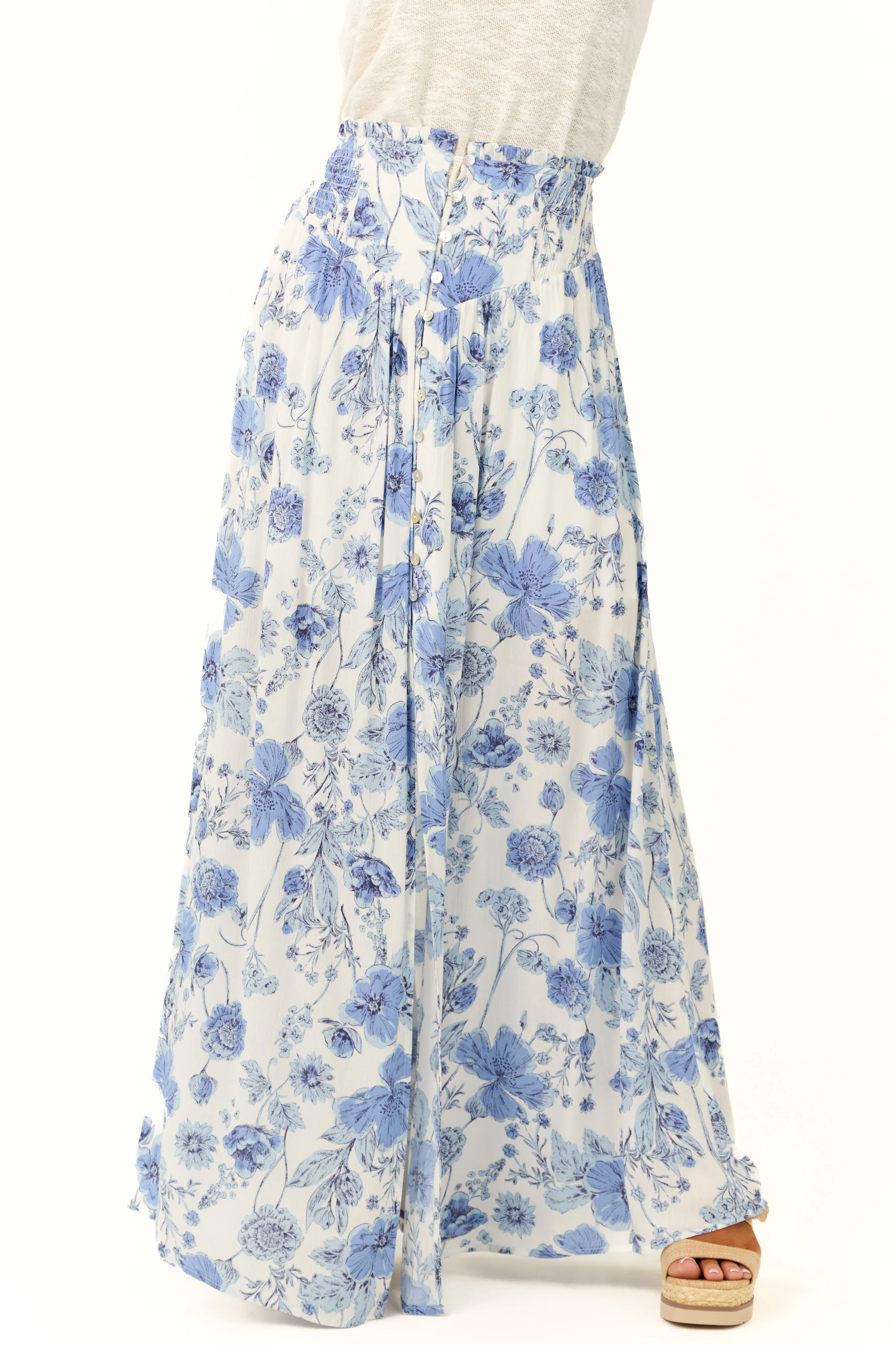 Ivory Floral Print Smocked Waist Maxi Skirt sold by Lime Lush